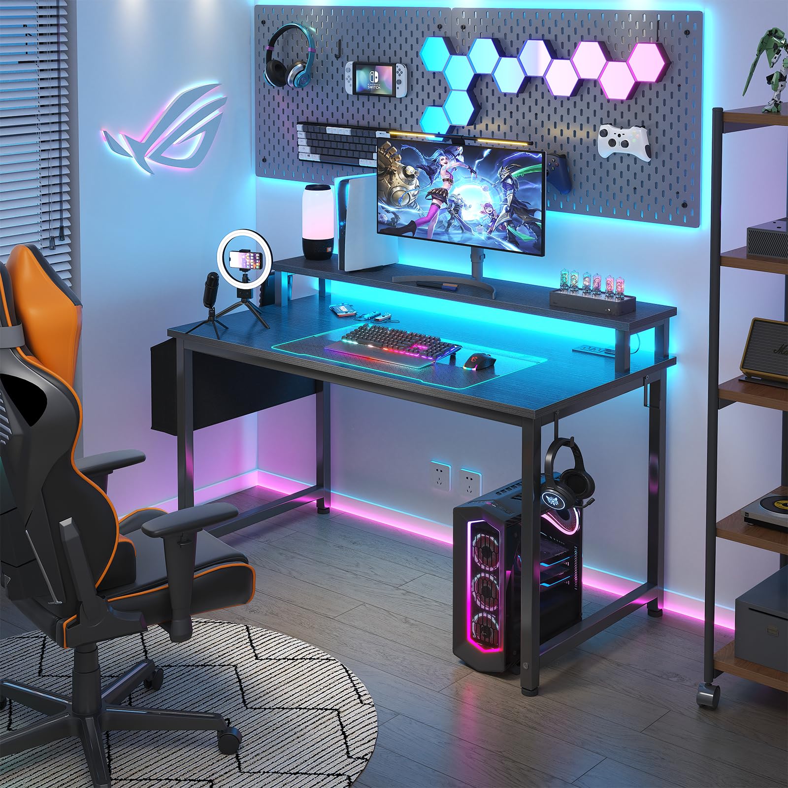 Lufeiya 40 Inch Black Gaming Desk with LED Lights, Power Outlets & USB Charging Station - Ergonomic Computer Desk with Monitor Stand for Home Office, Gaming Setup & Teen Study Room | Perfect for Streaming, Online Classes & Work from Home