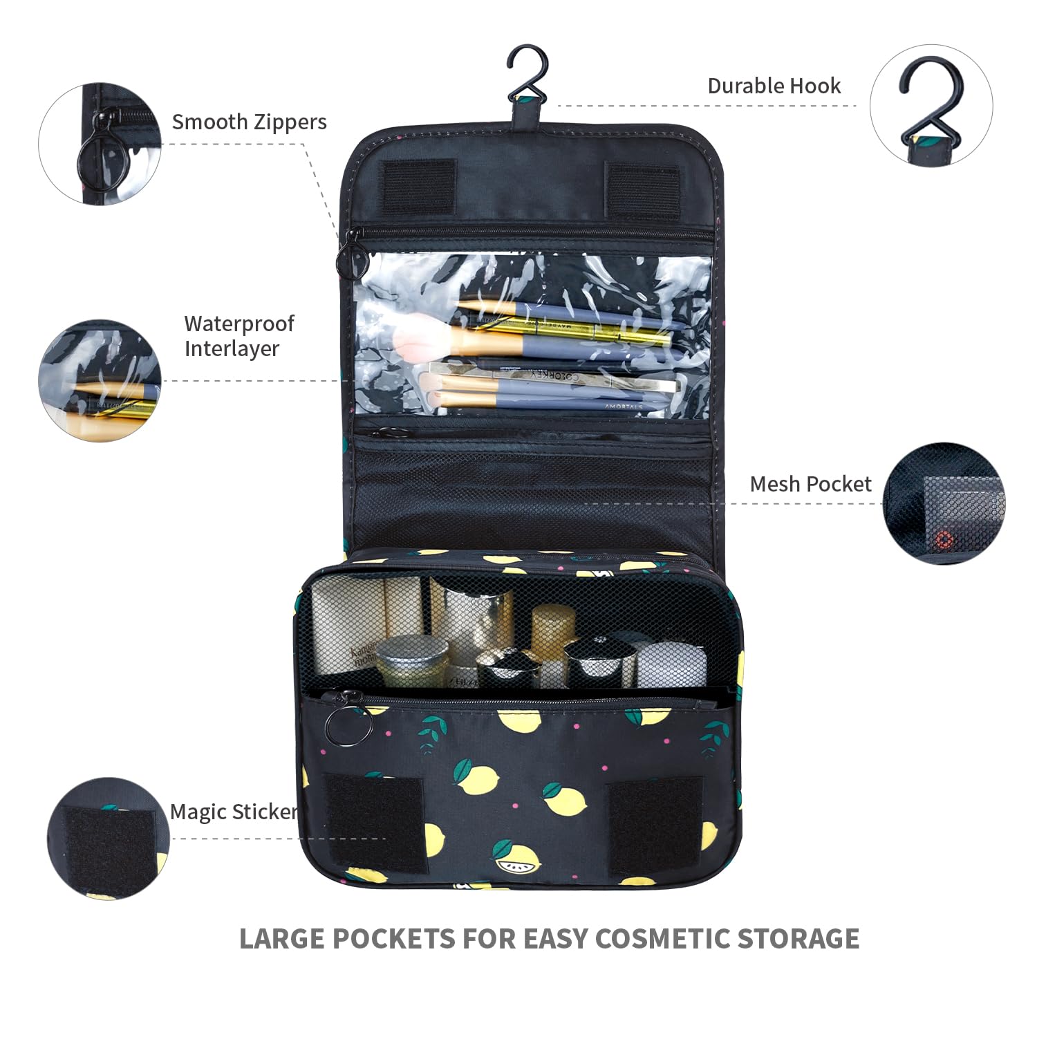 Large Waterproof Toiletry Bag with Hanging Hook - Travel Cosmetic Organizer for Bathroom & Brushes Storage (Grey Lemon)