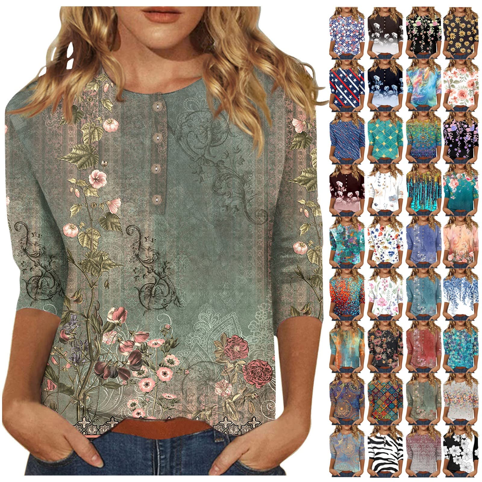 Women's Floral Cotton 3/4 Sleeve Tunic Tops - Casual Loose Fit Blouse Shirts for Women - Perfect for Work, Weekend Outfits & Spring Summer Fashion