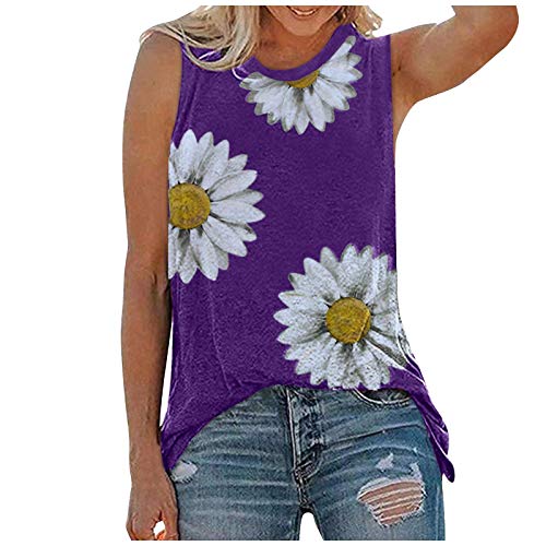Trendy Daisy Print Summer Tank Top for Women - Casual & Dressy O-Neck Blouse for Outings