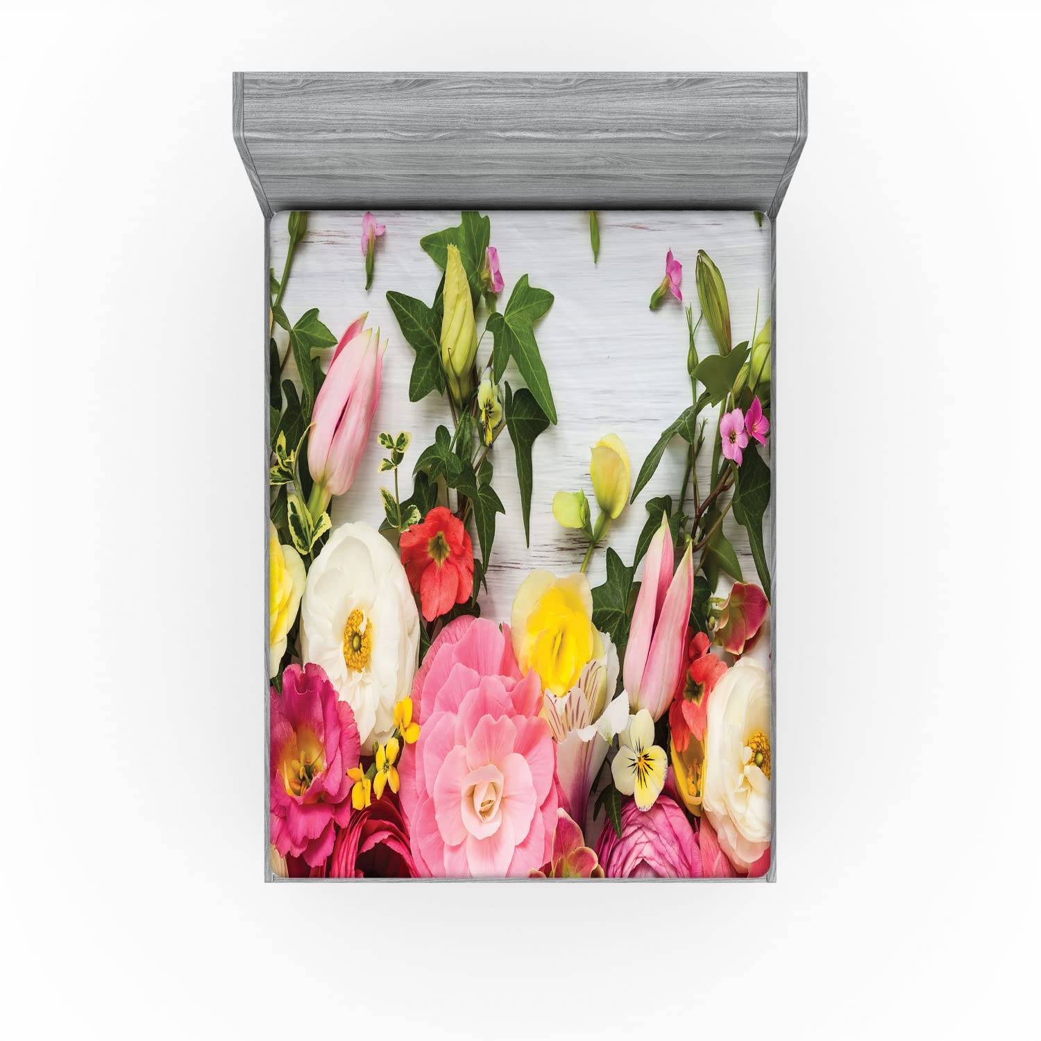 Ambesonne Rustic Queen Size Fitted Sheet - Floral Ranunculus & Rose Design on Wood Backdrop, All-Around Elastic Deep Pocket for Secure Fit, Spring Bedding Collection | Perfect for Guest Rooms, Vacation Homes & Cozy Bedroom Decor