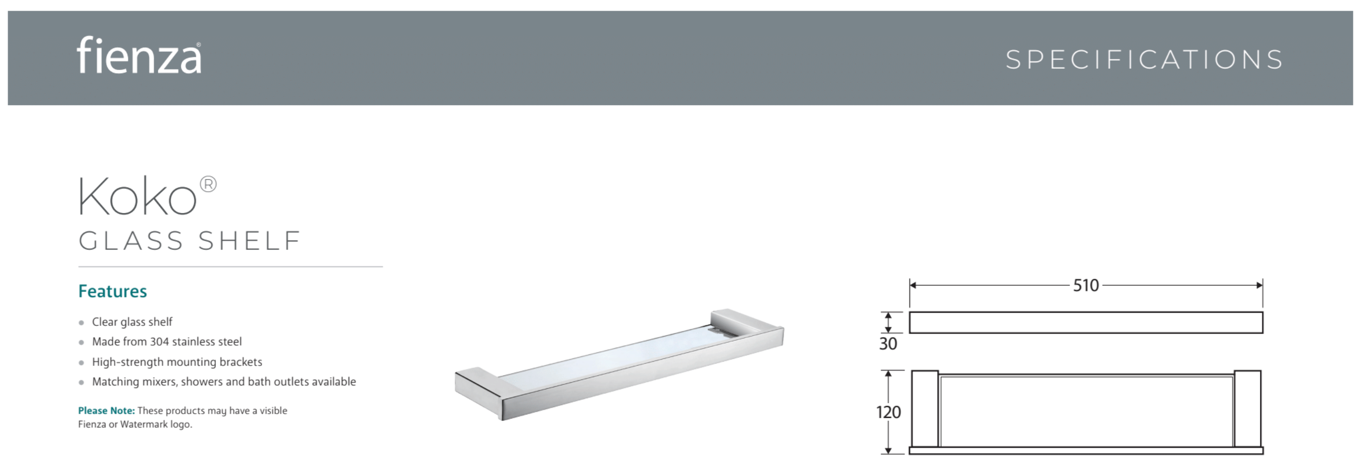 Fienza 89007 Koko Glass Shelf 510mm (20 Inches) - Chrome Finish Bathroom & Kitchen Storage Shelf for Modern Home Organization