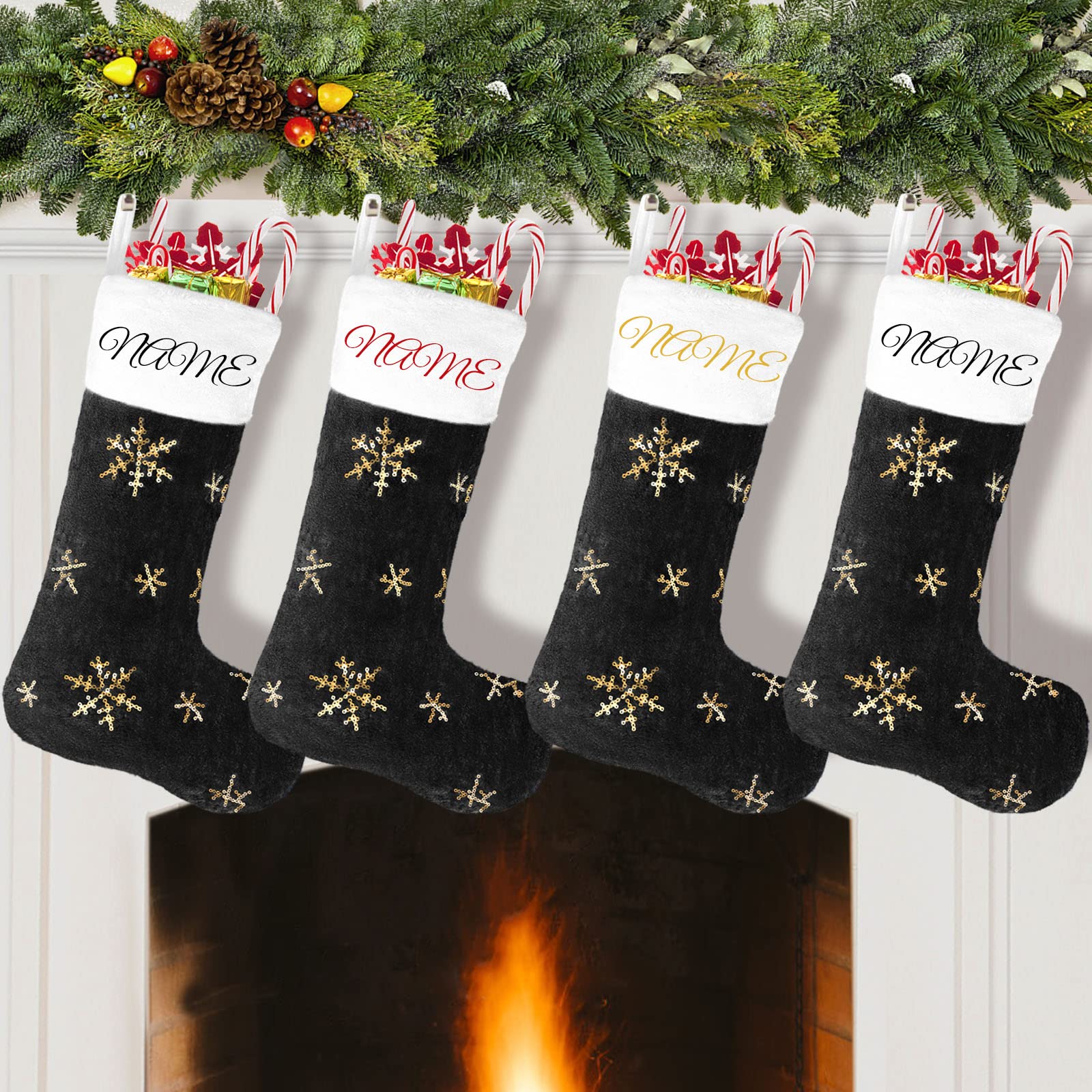 6 Pack Personalized Plush Christmas Stockings 22 Inches - Black Faux Fur Holiday Hanging Stockings with Gold Sequin Snowflakes Decor for Fireplace, Xmas Tree, Mantel & Home Decor (56cm) - Perfect for Family Gift Exchange & Cozy Winter Celebrations