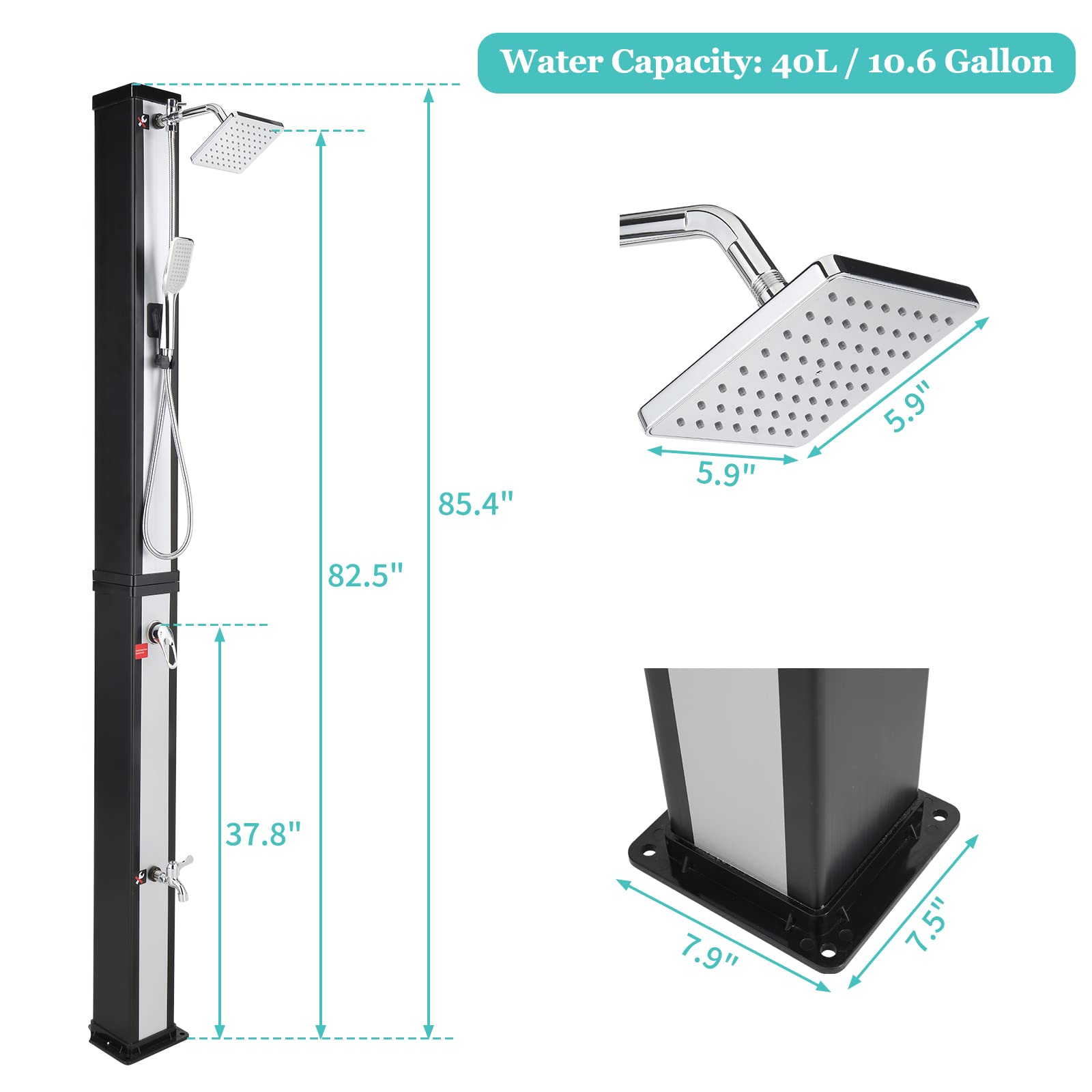VINGLI 10.6 Gallon Solar Outdoor Shower with Adjustable Shower Head, Handheld Sprayer & Foot Wash Tap - Perfect for Poolside, Backyard, Beach, Camping & RV Use