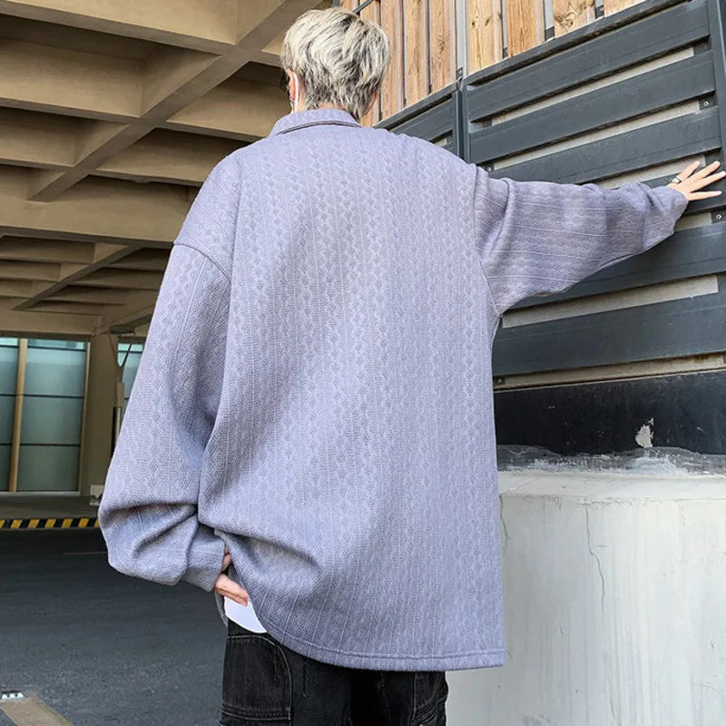 Stylish American Men's Loose Fit T-Shirt with Metal Pattern Design - Turn Down Collar Long Sleeve Casual Tee for Everyday Wear & Street Fashion | Model 9C6599
