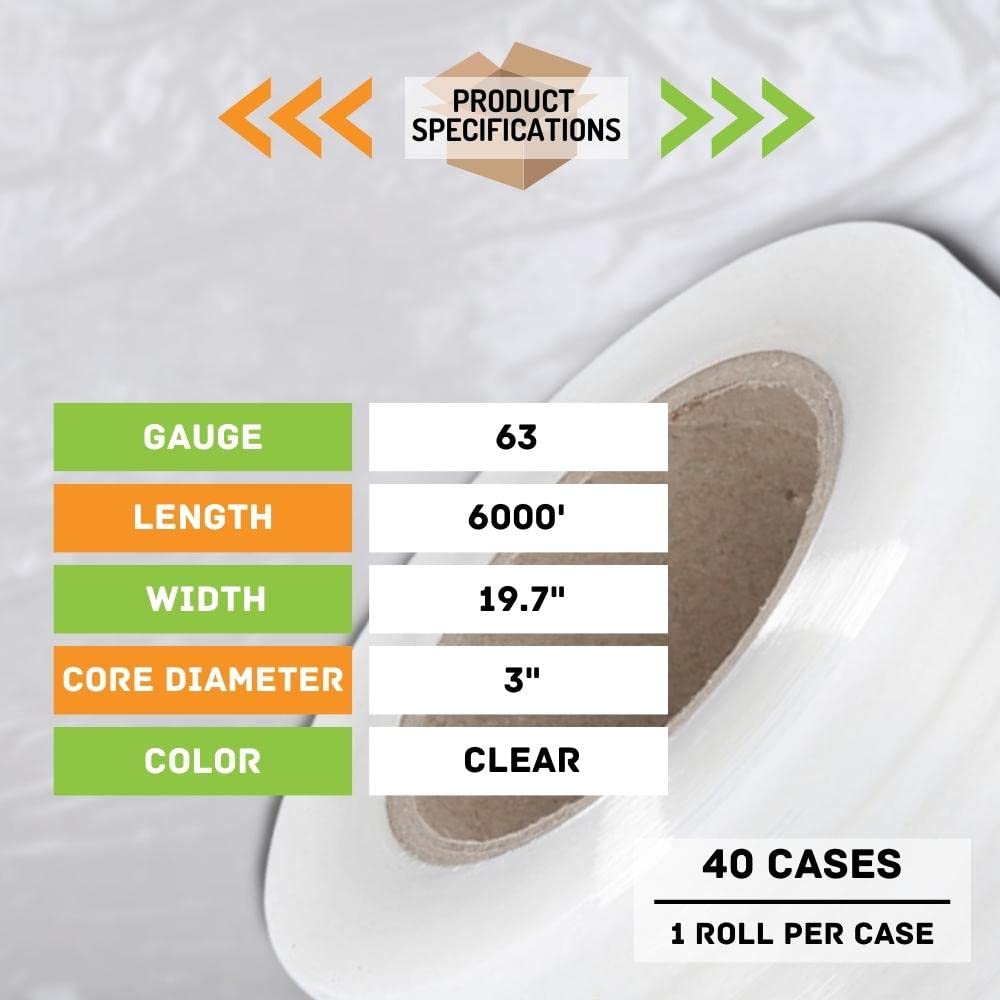 Industrial Packing Plastic Wrap - Heavy Duty Cast Machine Stretch Film, 19.7 Inch x 6000 Feet, 63 Gauge (40 Rolls) for Warehouse, Shipping & Pallet Wrapping