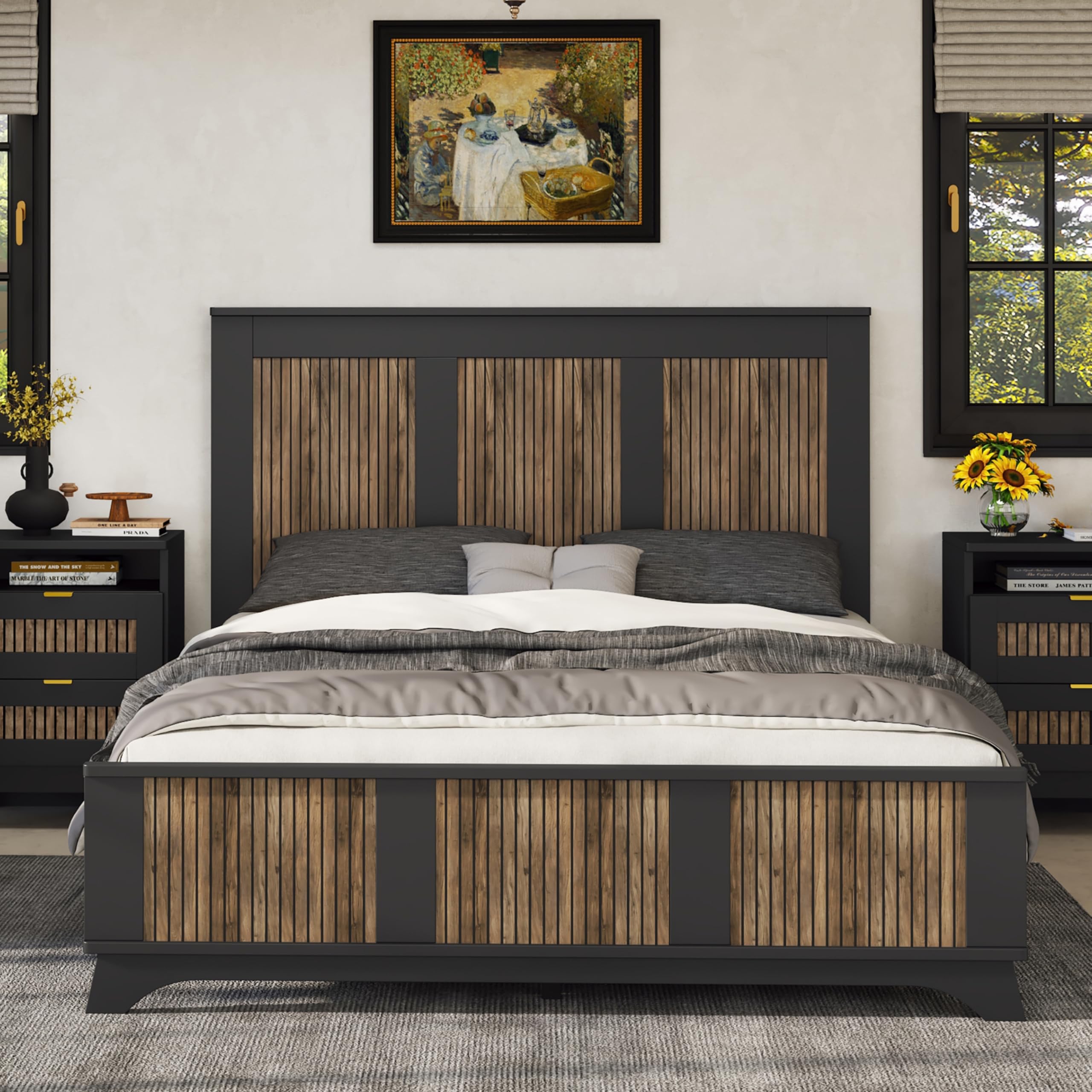 Farmhouse Queen Size Bedroom Set - 4-Piece Platform Bed with Wooden Strip Design, 2 Storage Nightstands & Dresser with Metal Handles, Black - Perfect for Rustic, Modern Farmhouse, or Industrial Style Bedrooms