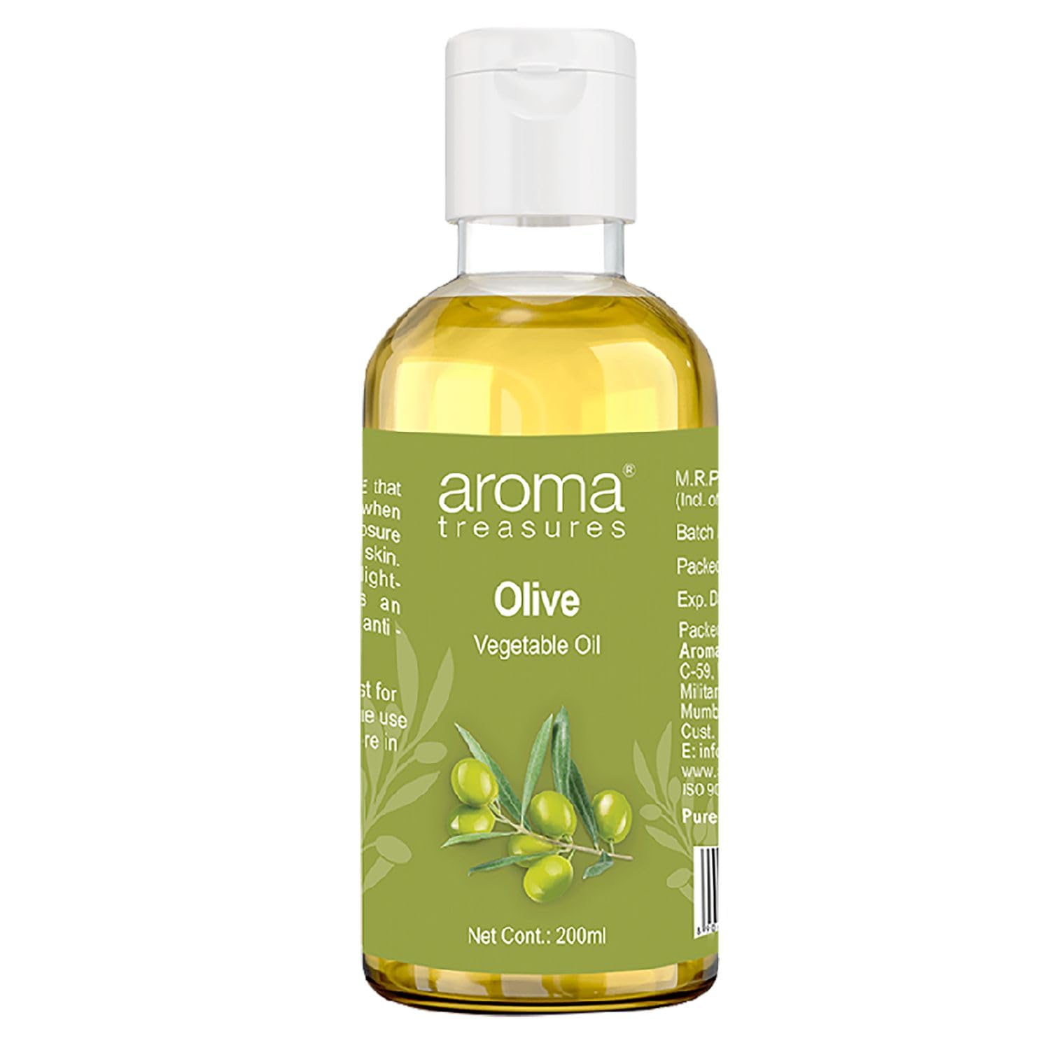 Aroma Treasures Pure Olive Oil with Vitamin E - 200ml Cold Pressed Extra Virgin for Skin Care, Hair Growth & Massage - Natural Moisturizer for Face, Body & Scalp