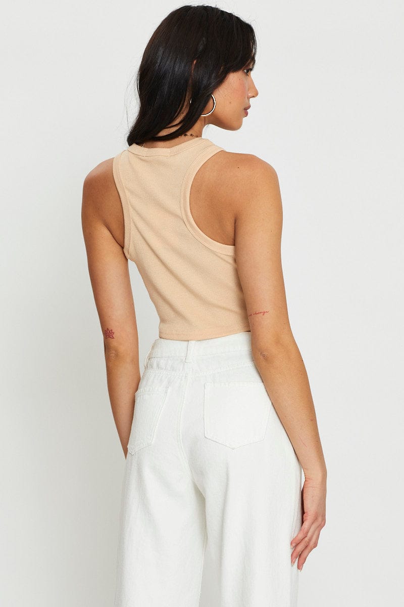 Beige Sleeveless Crop Top for Women - Summer Fashion Casual T-Shirt for Outfits, Beach, Party & Daily Wear