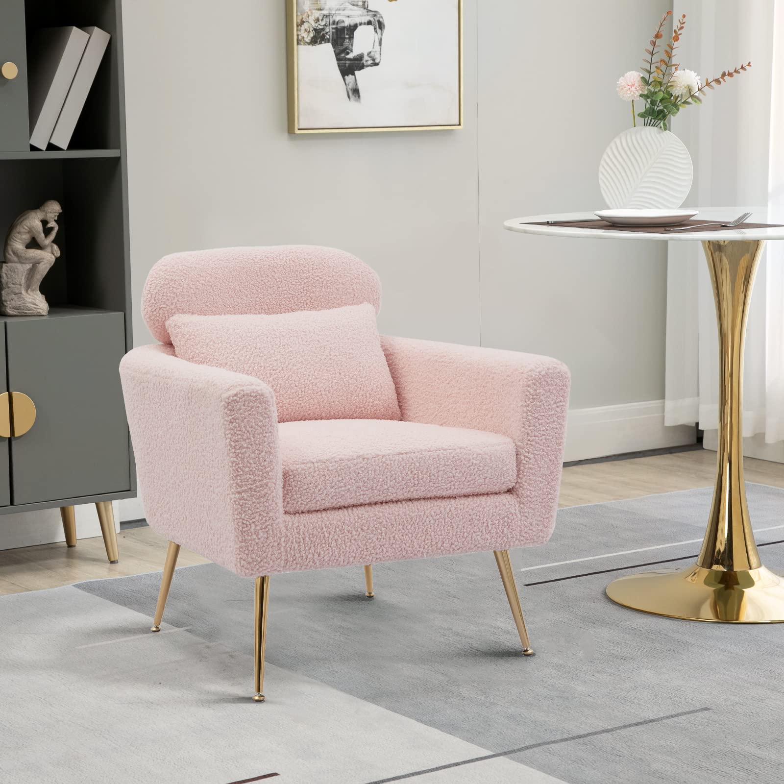 Modern Tufted Sherpa Accent Chair with Gold Metal Legs & Throw Pillow - 29.5