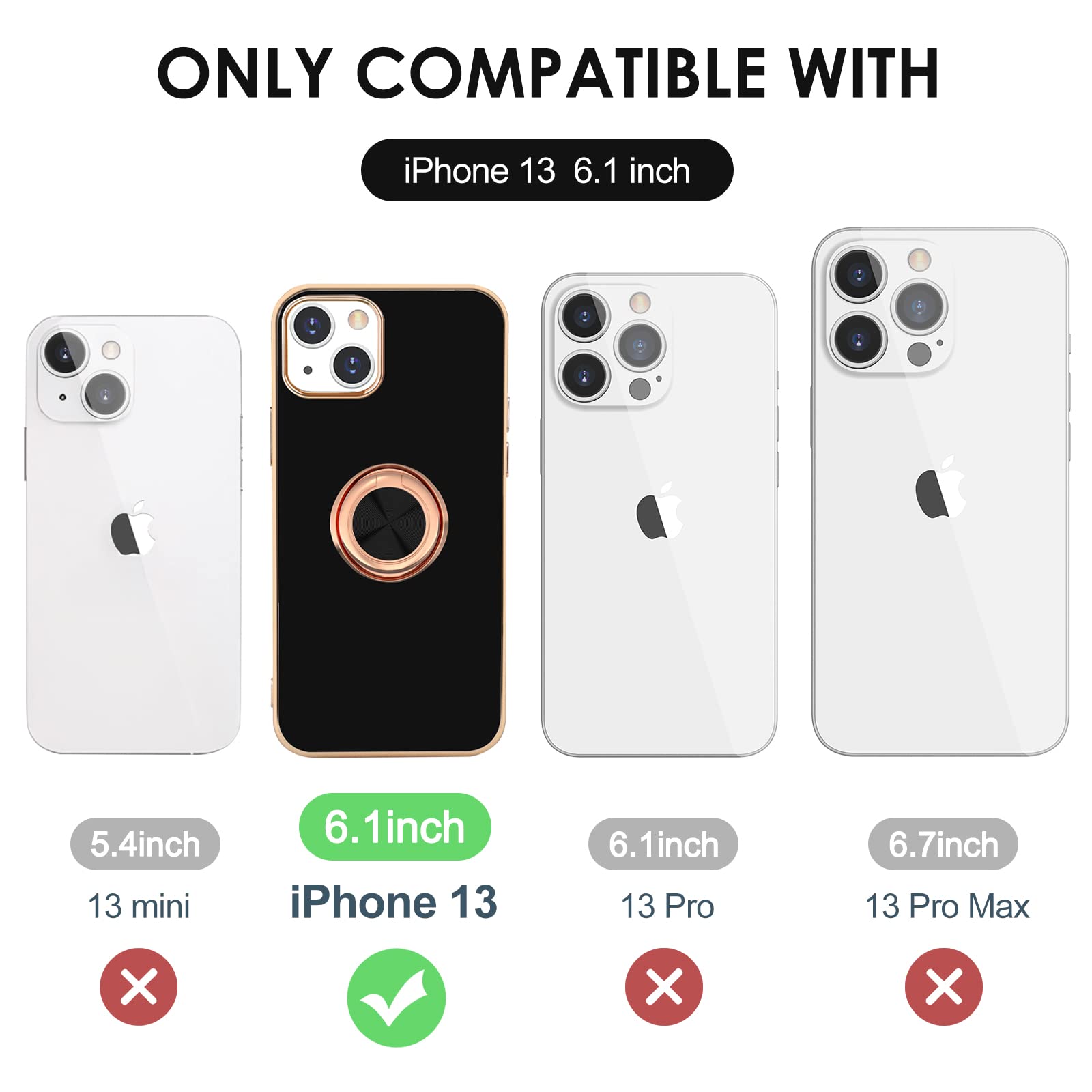 Premium Magnetic Phone Case for iPhone 13 - 360° Rotatable Ring Stand & Car Mount Compatible | Slim Flexible TPU Cover with Rose Gold Plated Edges (Black) - Perfect for Hands-Free Viewing, Workouts & Travel