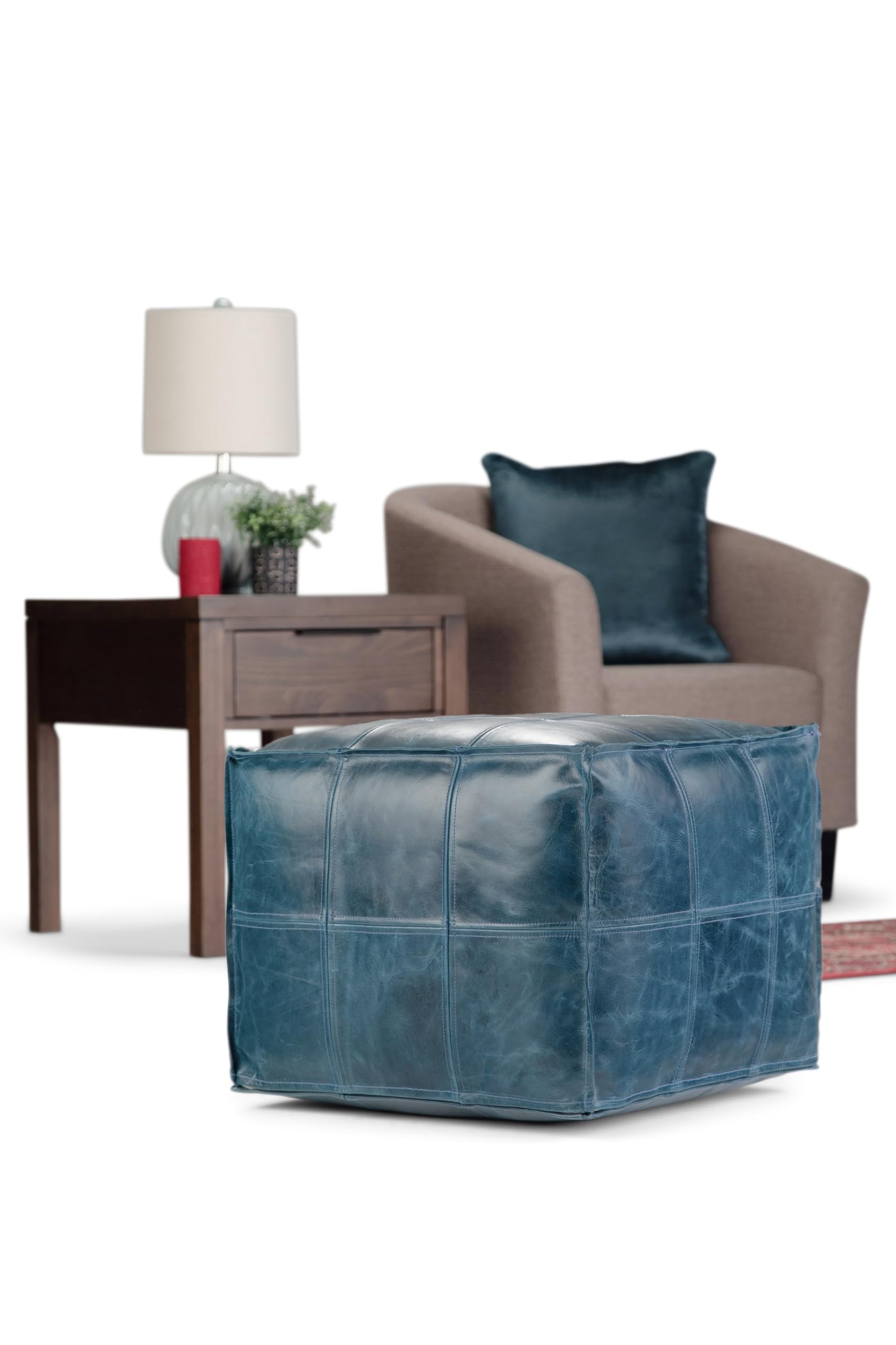SIMPLIHOME Manning Boho Square Pouf in Teal - Genuine Leather Ottoman for Living Room, Bedroom, Nursery & Dorm - Stylish Footrest, Seating & Home Decor Accent