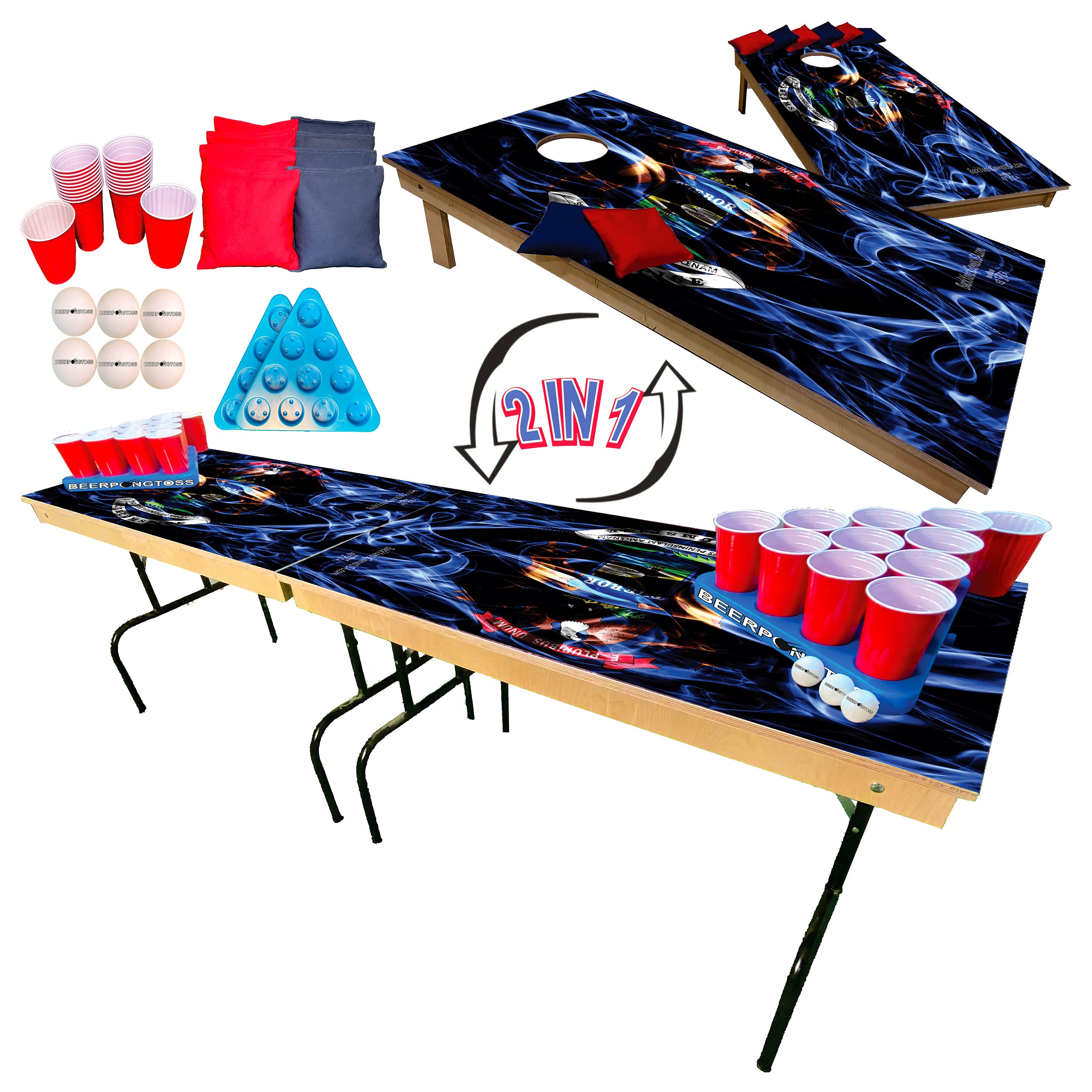 2-in-1 Cornhole & Tailgate Pong Game Table Set with Michigan State Flag Design - 8ft Portable Outdoor Party Game for College Tailgating, Backyard BBQs, and Camping - Includes 2 Cornhole Boards (4x2ft), 8 Bags, 22 Cups, 6 Balls & 2 Racks