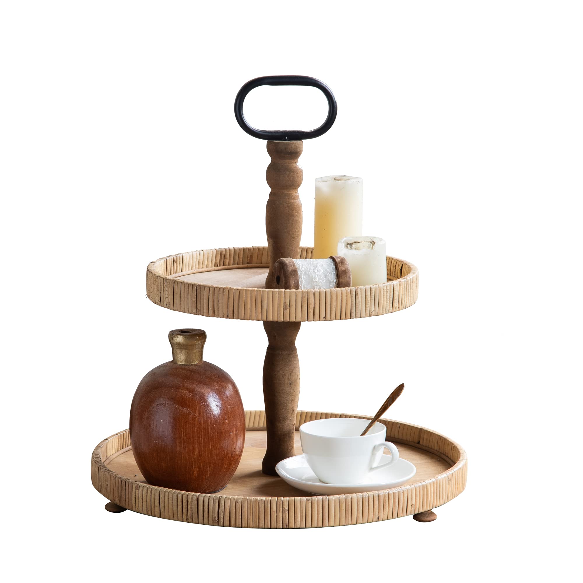 2-Tier Rustic Farmhouse Serving Tray with Metal Handles - Round Wooden Tiered Display Stand for Desserts, Fruits, Snacks, Nuts | Perfect for Kitchen Counter, Dining Table, Coffee Bar & Party Decor (Light Brown)
