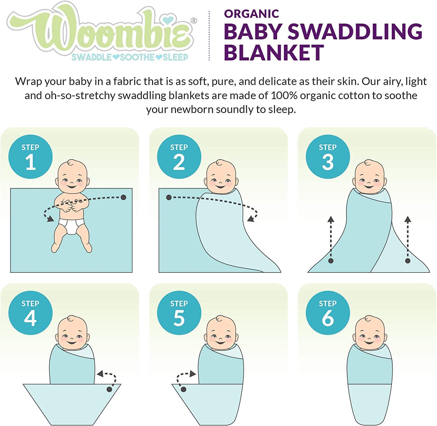 Organic Baby Swaddle Blanket - Soft & Breathable Woombie for Newborns | Lightweight Receiving Blanket for Boys & Girls | Blissful Blue | Perfect for Sleeping, Swaddling & Comforting Babies