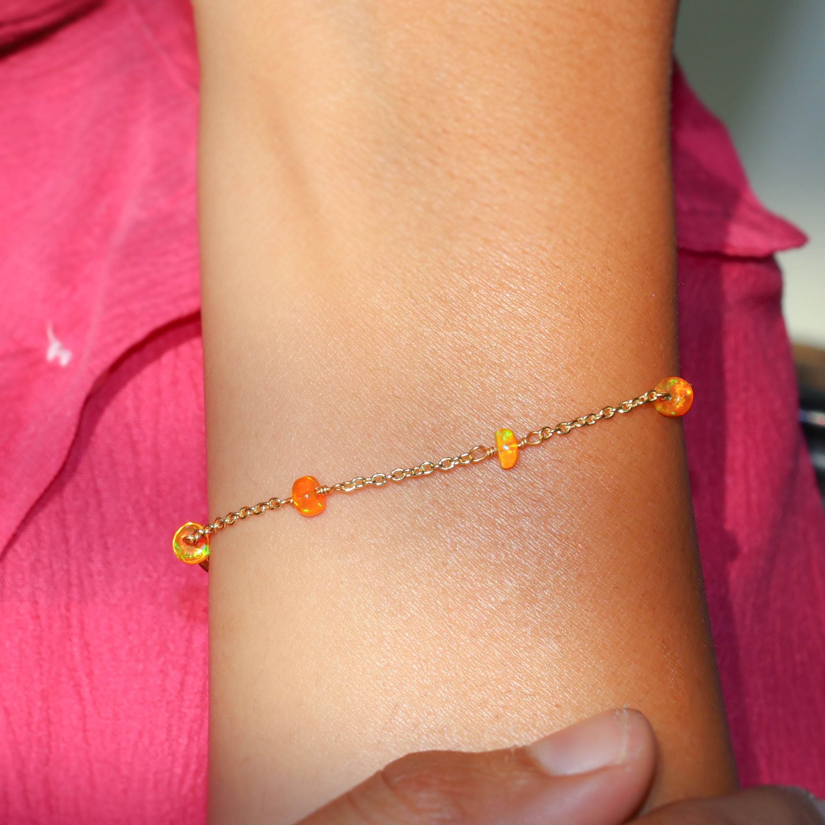 Organic Orange Opal Beads 6-8 Inch Adjustable Chain Bracelet for Women - Boho Chic Jewelry for Casual Wear, Layering & Gift Giving