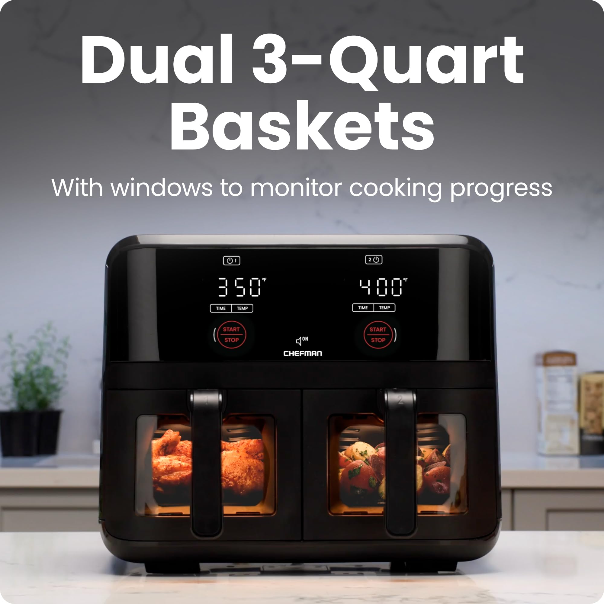 CHEFMAN 6 Quart Dual Basket Air Fryer Oven with Easy View Windows & Sync Finish Technology | 2 Independent 3Qt Nonstick Dishwasher Safe Baskets | Digital Controls, Hi-Fry & Auto Shutoff | Perfect for Family Meals, Healthy Cooking & Quick Snacks - Black