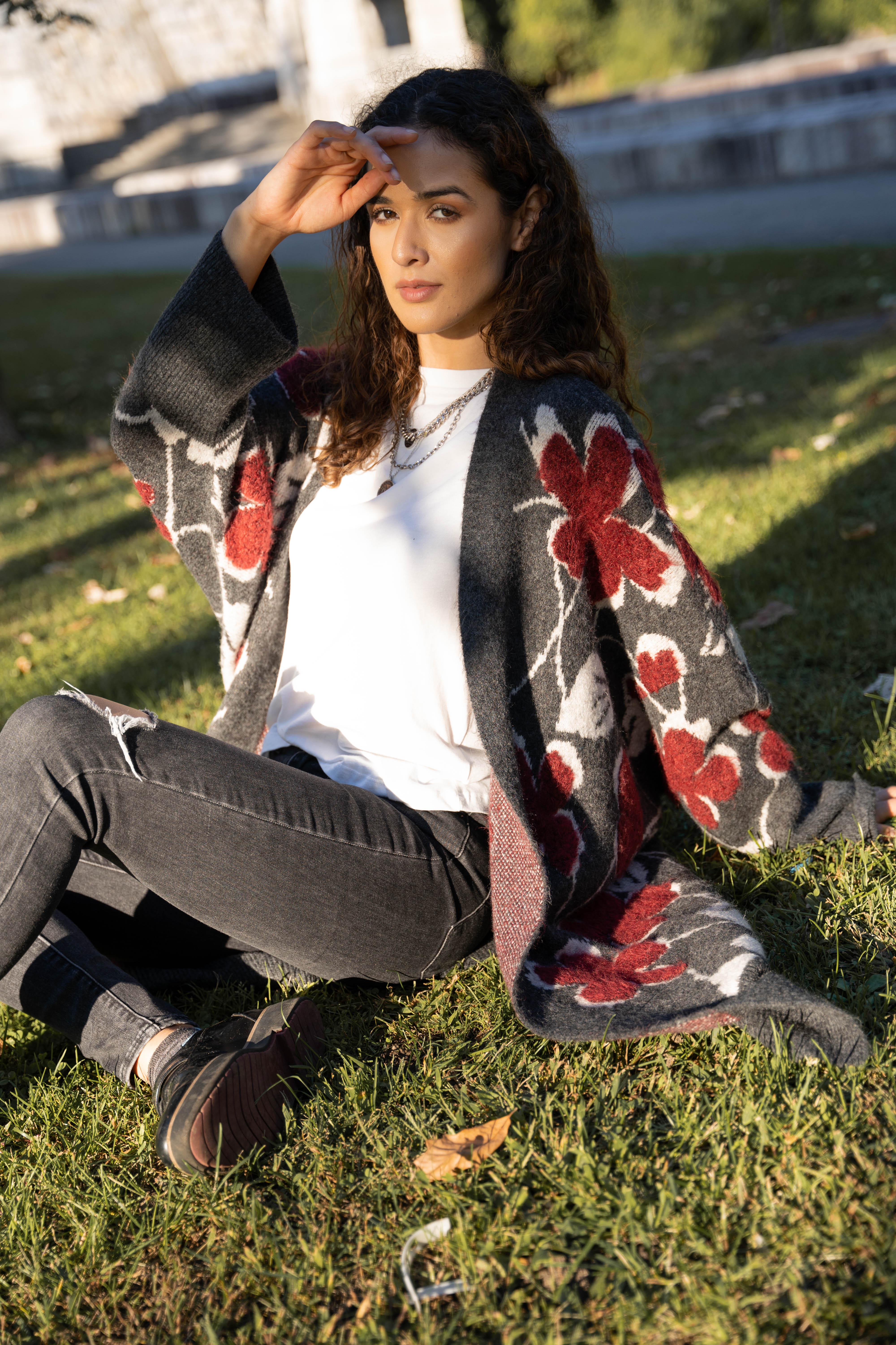 Floral Knitted Long Cardigan for Women - Boho Chic Lace-Up Open Front Sweater for Spring & Fall - Perfect for Casual Outfits, Office Wear, and Date Nights