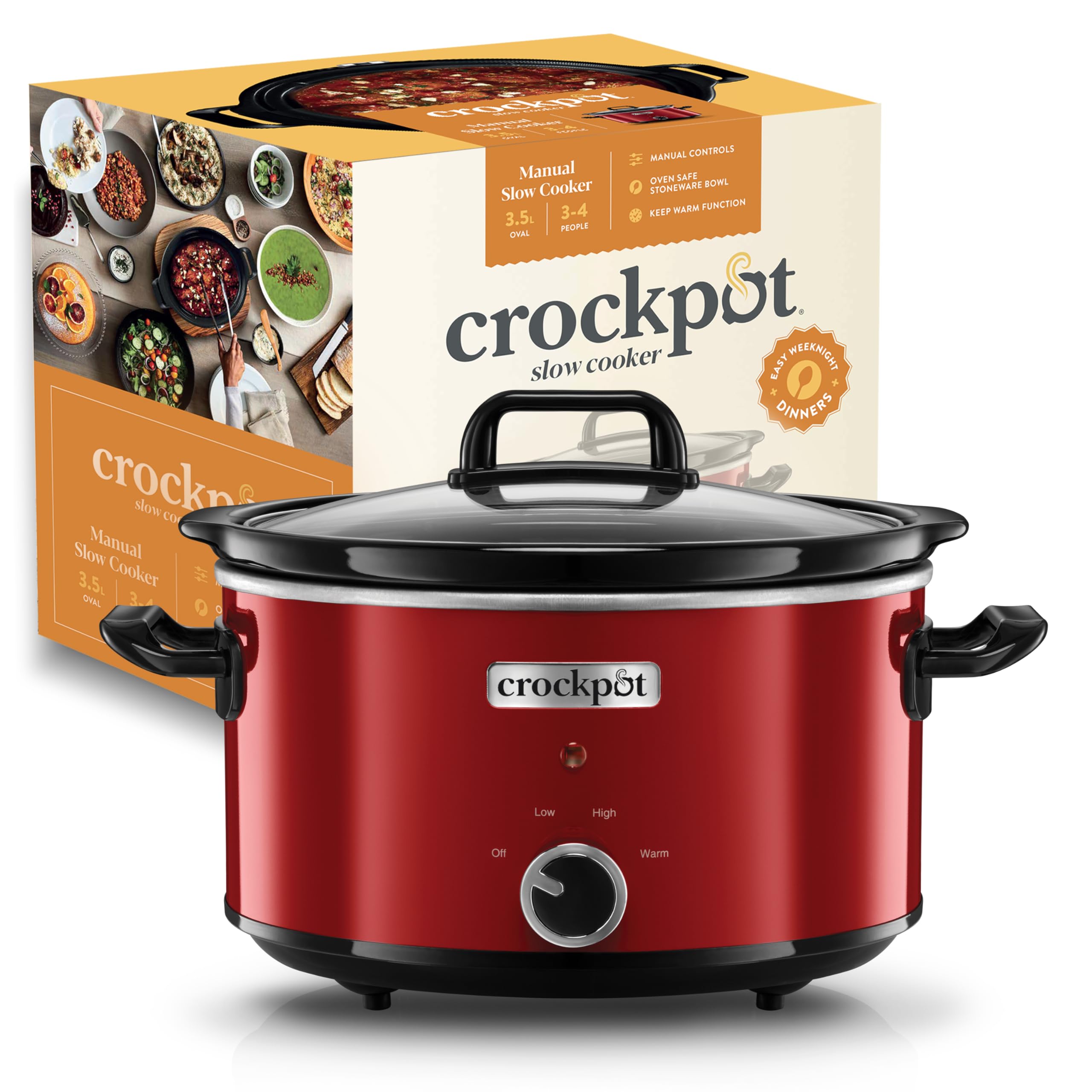3.5L Slow Cooker Crock-Pot with 2 Cooking Settings & Keep Warm Function - Ceramic Red Pot for 4 People (210W) - Perfect for Family Dinners, Meal Prep & Holiday Cooking