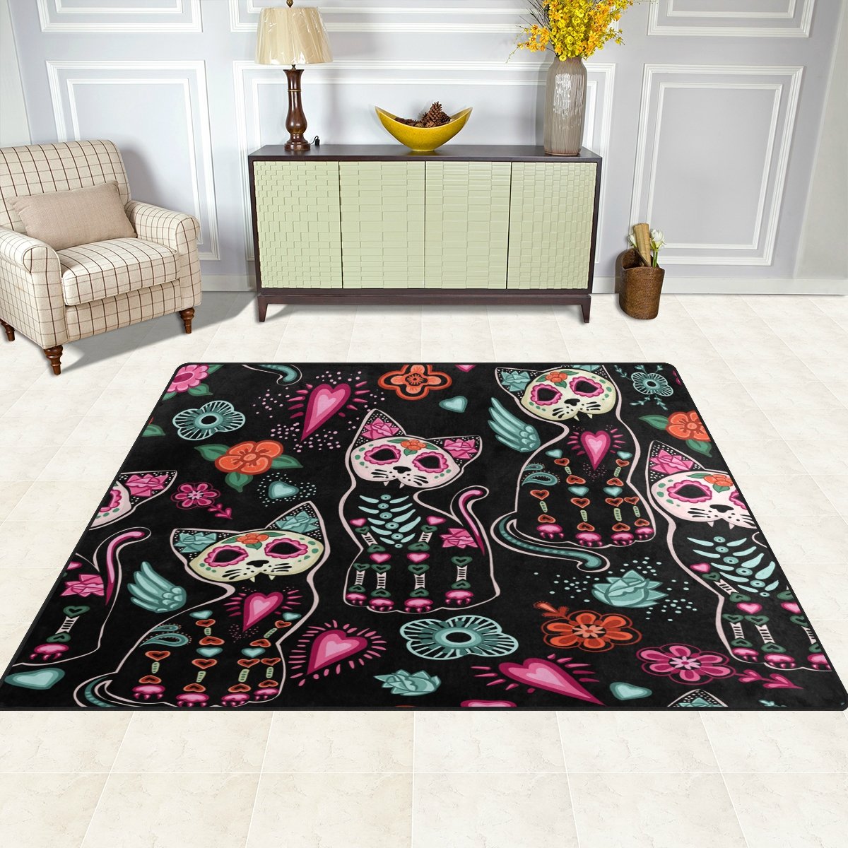 ALAZA Floral Day of The Dead Cat Sugar Skull Area Rug - 7' x 5' Soft Bohemian Rug for Living Room, Bedroom, Dorm | Perfect for Halloween Decor, Mexican Theme Parties & Home Decor