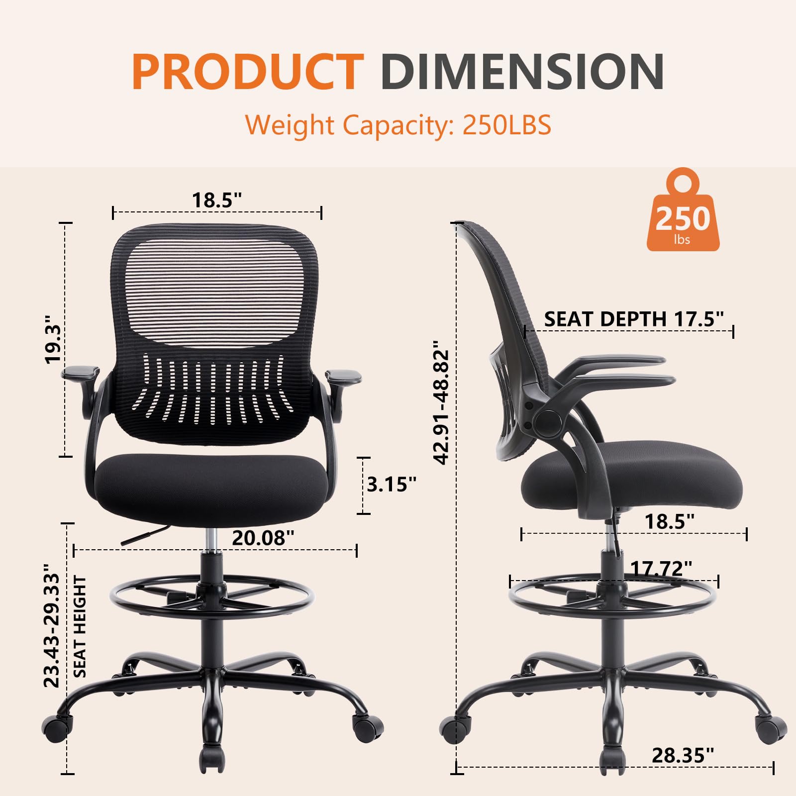 Ergonomic Adjustable Height Drafting Stool - Tall Office Chair with Lumbar Support, Flip-Up Arms & Footrest for Standing Desks, Computer Work & Home Office Use