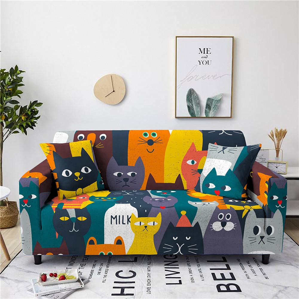 Cartoon Cat Sofa Slipcover - Reversible L-Shaped Sectional Couch Cover for Pets & Kids (90-140cm Small) - Perfect for Living Room, Family Room & Pet-Friendly Homes