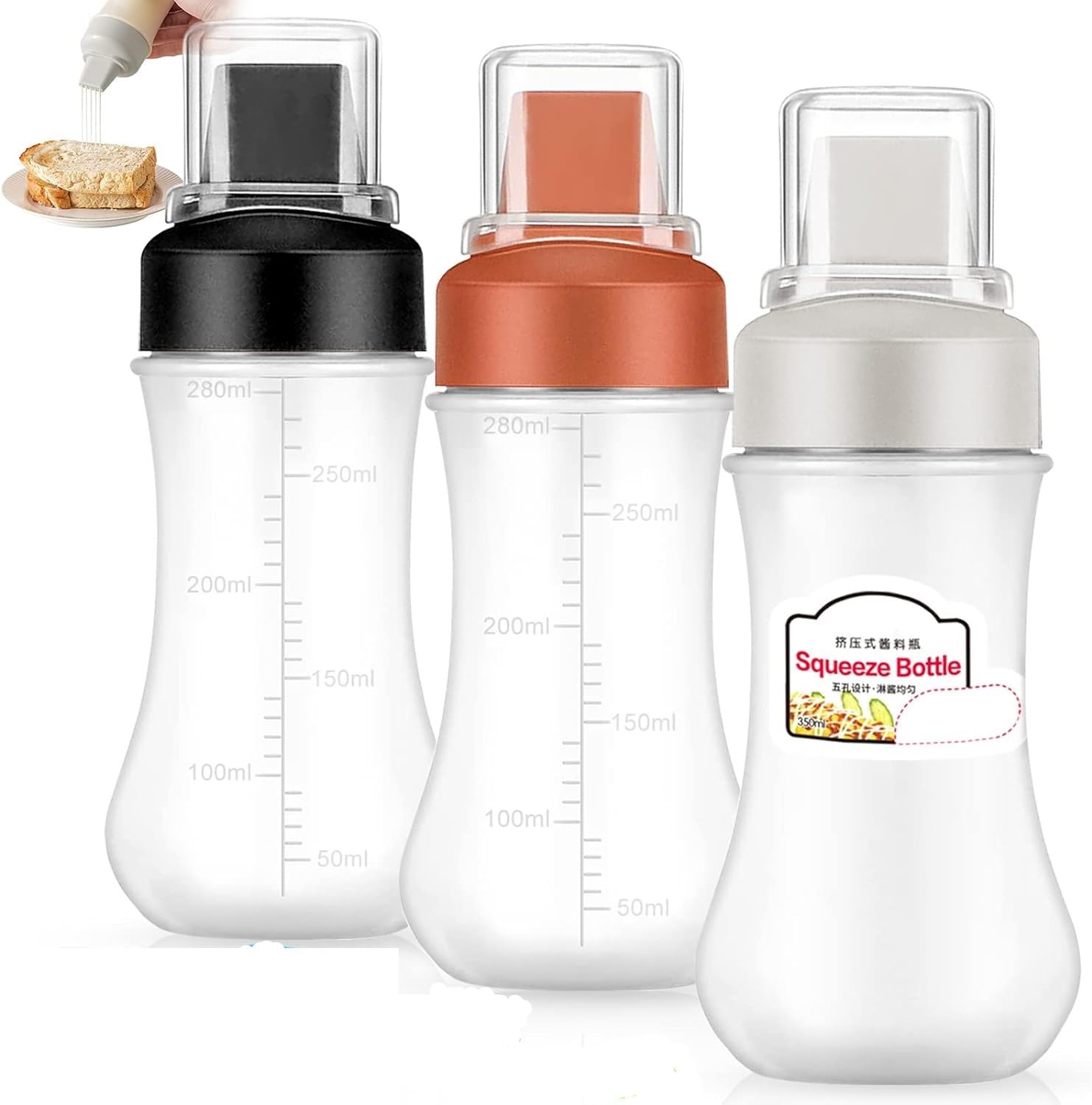 Ramkuwar 3-Piece BPA-Free Squeeze Bottles with Measurement Marks - Perfect for Ketchup, BBQ Sauce, Syrup, Condiments & Paint - Ideal for Home Kitchen, Restaurants & DIY Projects
