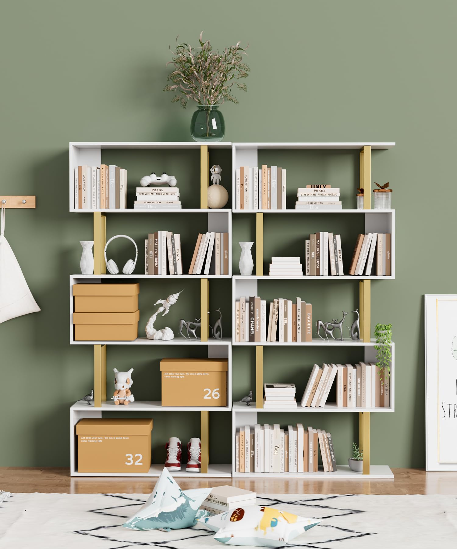 Gadroad 5-Tier Geometric Bookcase - Modern S-Shaped Wooden Bookshelf with Gold Finish, Freestanding Decorative Storage Shelf for Living Room & Bedroom | Perfect for Displaying Books, Decor & Collectibles