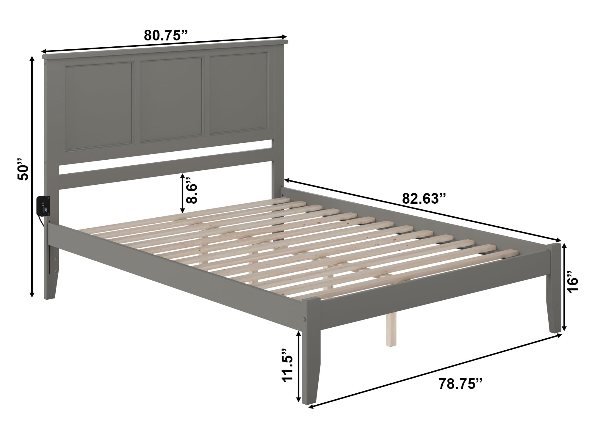 AFI Madison King Platform Bed Frame with USB Charging Ports - Modern Grey Wooden Bed for Master Bedroom, Perfect for Charging Devices Overnight