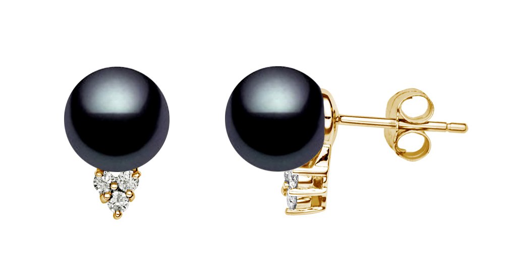 14K Yellow Gold AAAA Quality Japanese Black Akoya Cultured Pearl & Diamond Stud Earrings for Women - Elegant Jewelry Gift for Anniversary, Wedding & Special Occasions