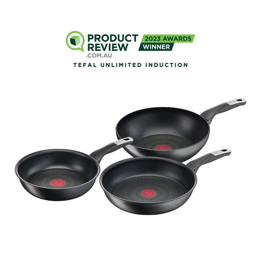 Tefal Unlimited Non-Stick Induction Cookware Set - 24cm Frypan, 28cm Frypan & 28cm Wok (Triple Pack) | User Guide & FAQs Included | Perfect for Stir-Frying, Sautéing & Family Cooking