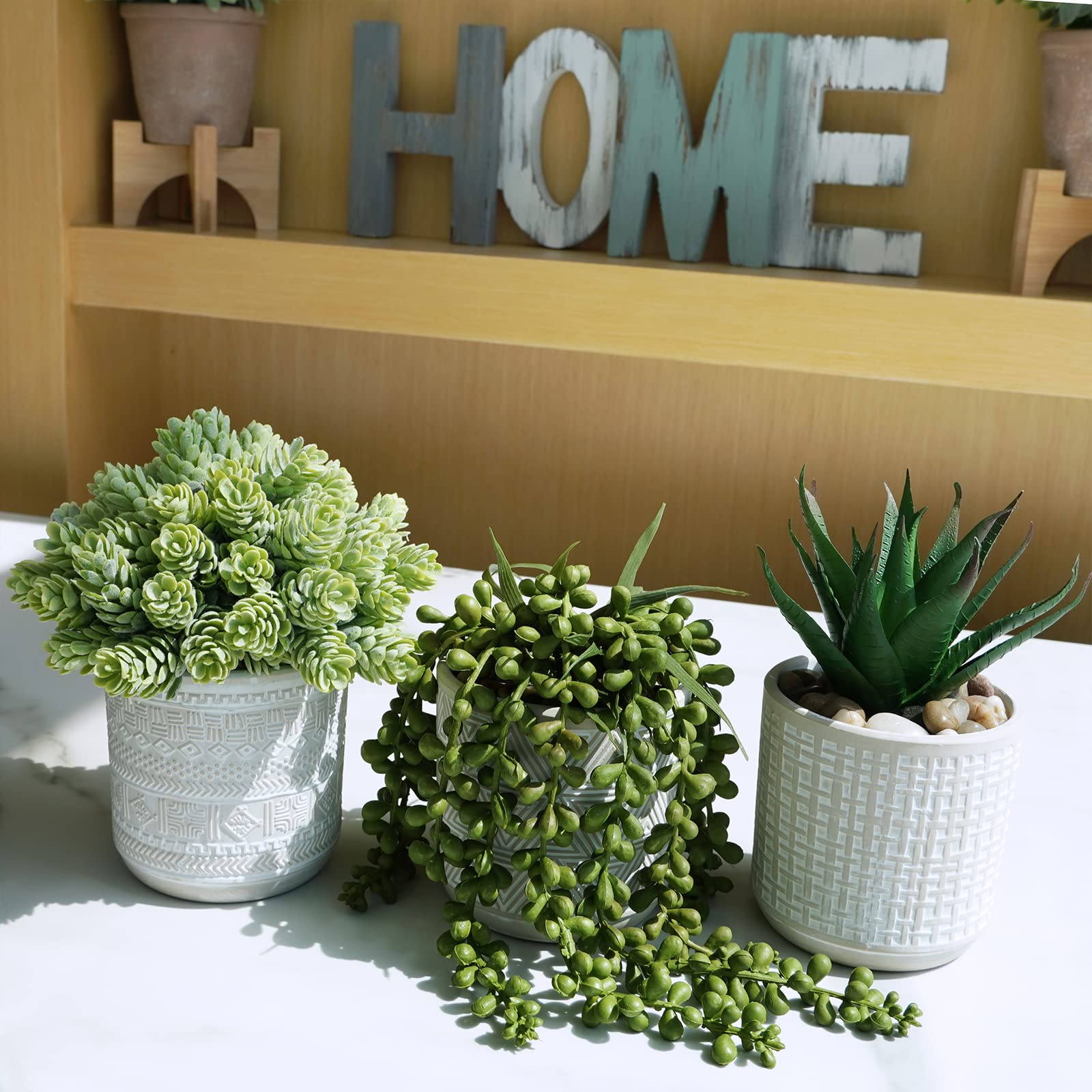 Set of 3 Artificial Succulent Plants - Fake Aloe, String of Pearls & Hops in Gray Geometric Concrete Ceramic Pots | Perfect for Home Office Desk Decor, Indoor Greenery, Housewarming Gifts & Modern Interior Design