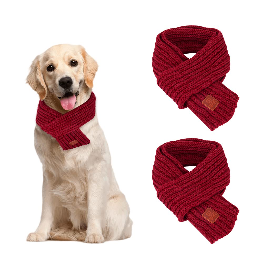 SlowTon 2 Pack Knitted Dog Scarf - Warm Winter Bandanas for Small, Medium & Large Dogs - Holiday Pet Accessories (Red) - Perfect for Christmas Photos & Outdoor Adventures