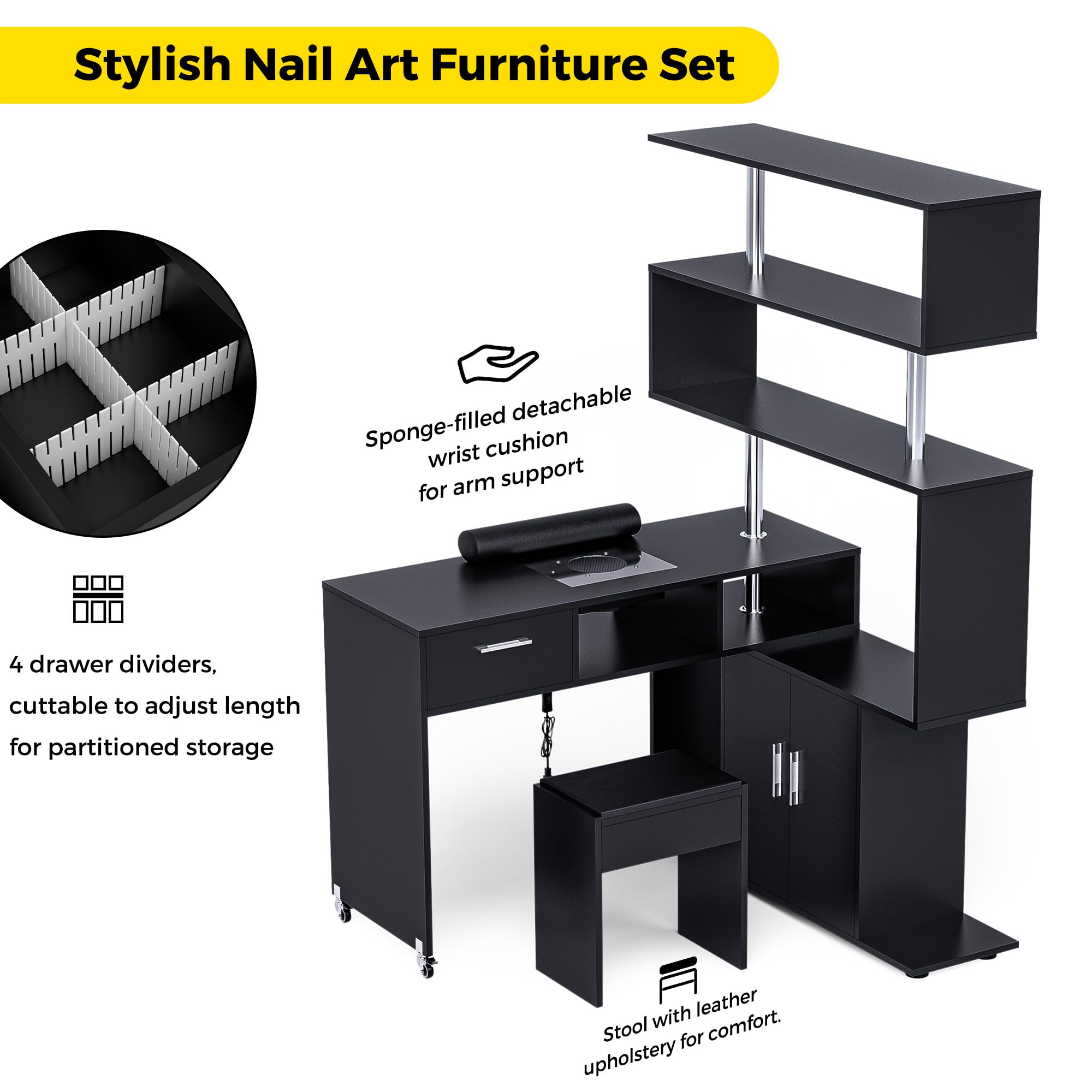 Professional Rotating L-Shaped Manicure Table with Stool - Nail Tech Desk with Built-in Dust Collector, 2-Way Drawer, Storage Cabinet & Shelves - Mobile Reversible Nail Salon Workstation (Black) | Perfect for Home Salons, Nail Technicians & Beauty Professionals