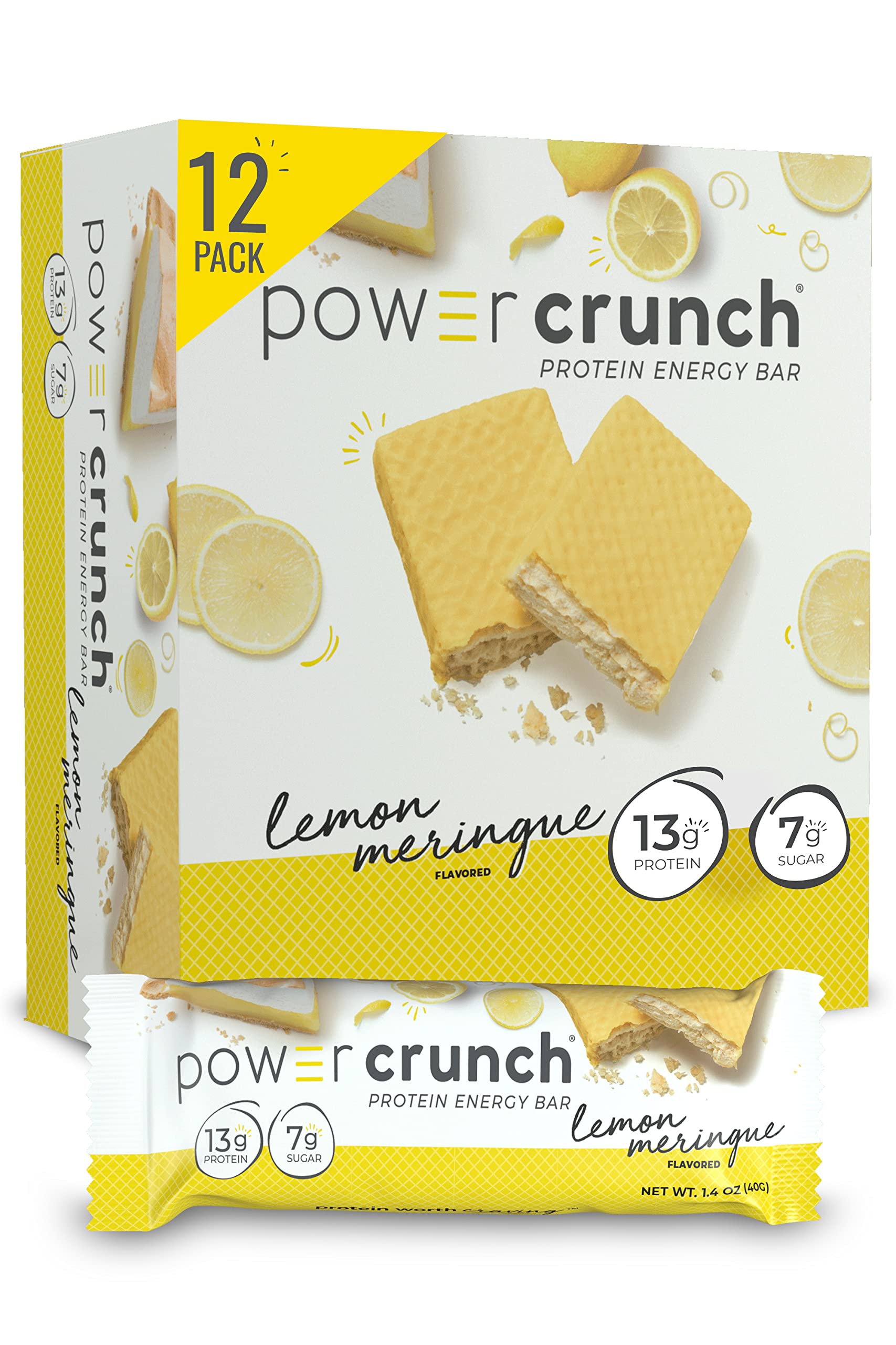 Power Crunch Protein Wafer Bars - High Protein Snack (12 Pack, 1.4oz Each) | Lemon Meringue Flavor | Low Carb Keto-Friendly Energy Bars for Gym, Hiking & On-the-Go Nutrition