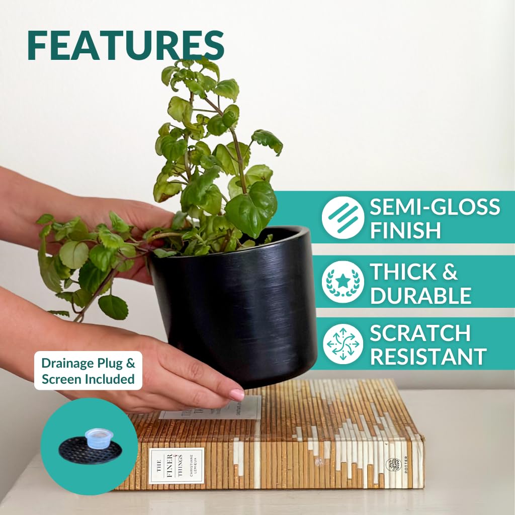 6 Inch Black Ceramic Plant Pot for Indoor Plants - Snake Plant, Succulents, Herbs | Modern Minimalist Planter with Drainage Hole for Home, Office, Garden Decor