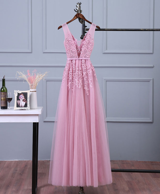 Elegant Pink V-Neck Lace Tulle Long Prom Dress for Women - Formal Evening Gown for Homecoming, Wedding Guest & Special Occasions