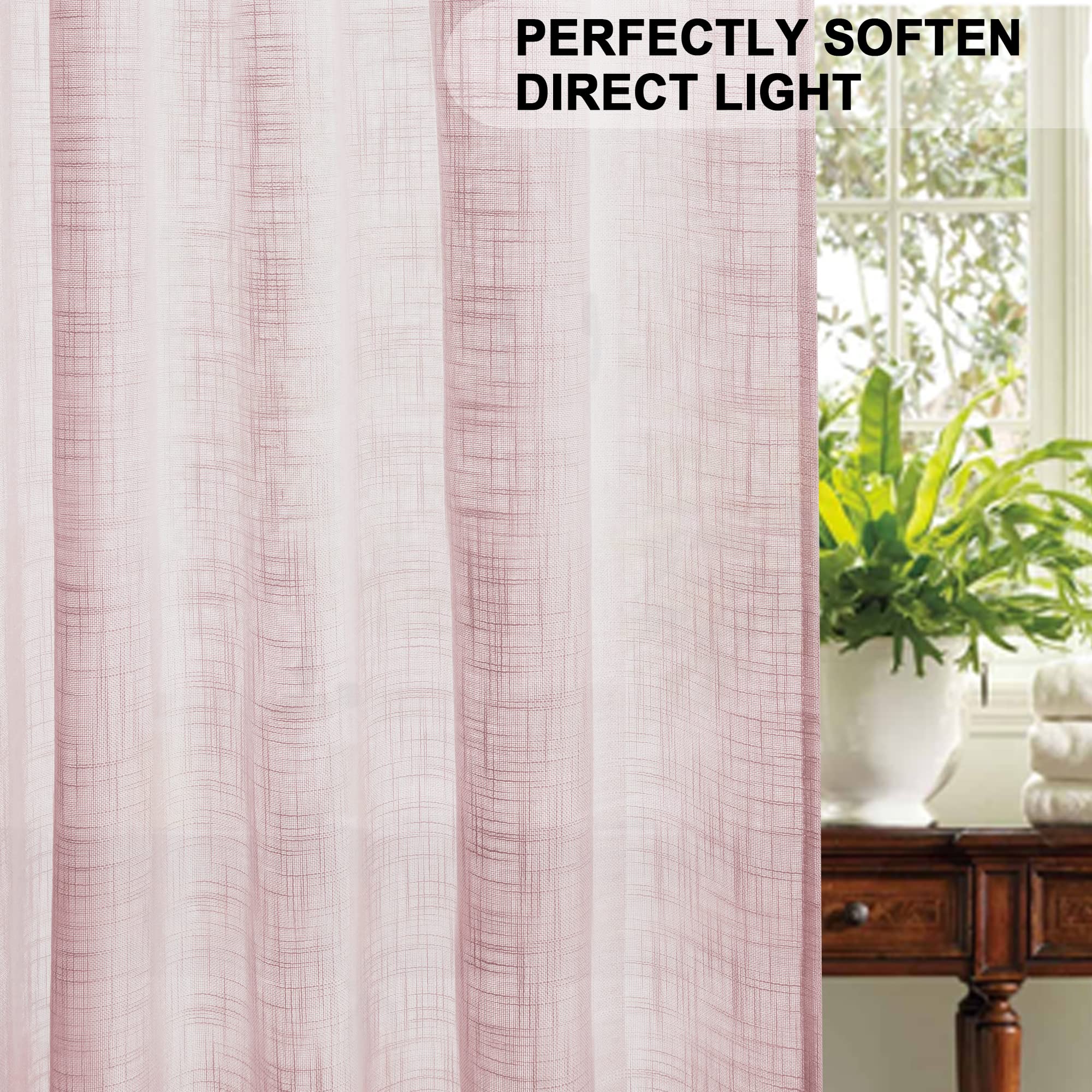 Kinryb Pink Sheer Curtains 52x36 Inches - Light Filtering Semi-Transparent Faux Linen Window Drapes with Rod Pocket, Soft Pink Kitchen Curtains for Small Windows (1 Pair) - Perfect for Bedroom, Living Room & Bathroom Privacy
