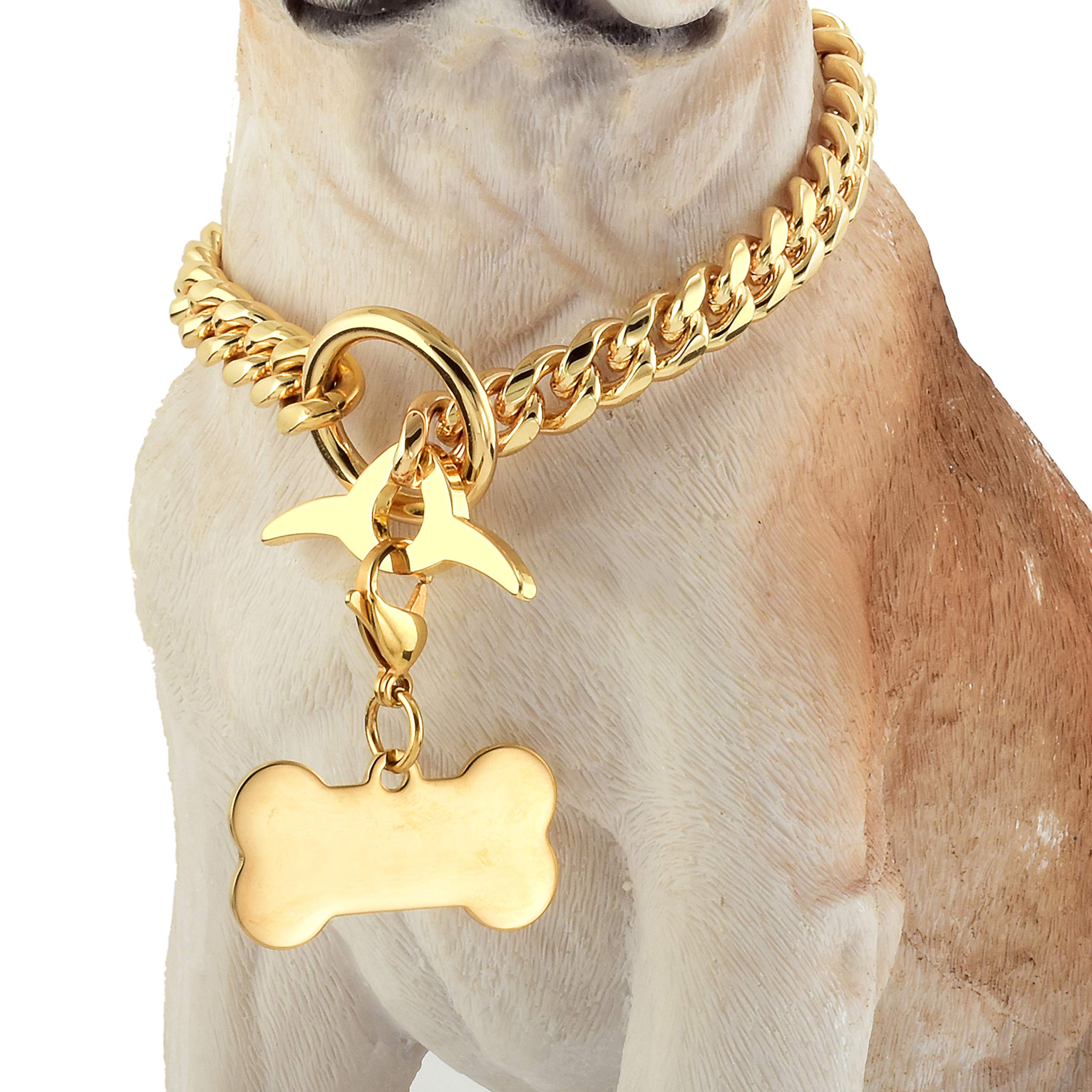 18K Gold Plated Heavy Duty Dog Chain Collar - 10MM Cuban Link Chew Proof Adjustable Training Walking Collar with Toggle Clasp & ID Tag for Medium Dogs (10MM, 18 Inch) - Perfect for Daily Walks, Obedience Training & Fashionable Pet Accessories