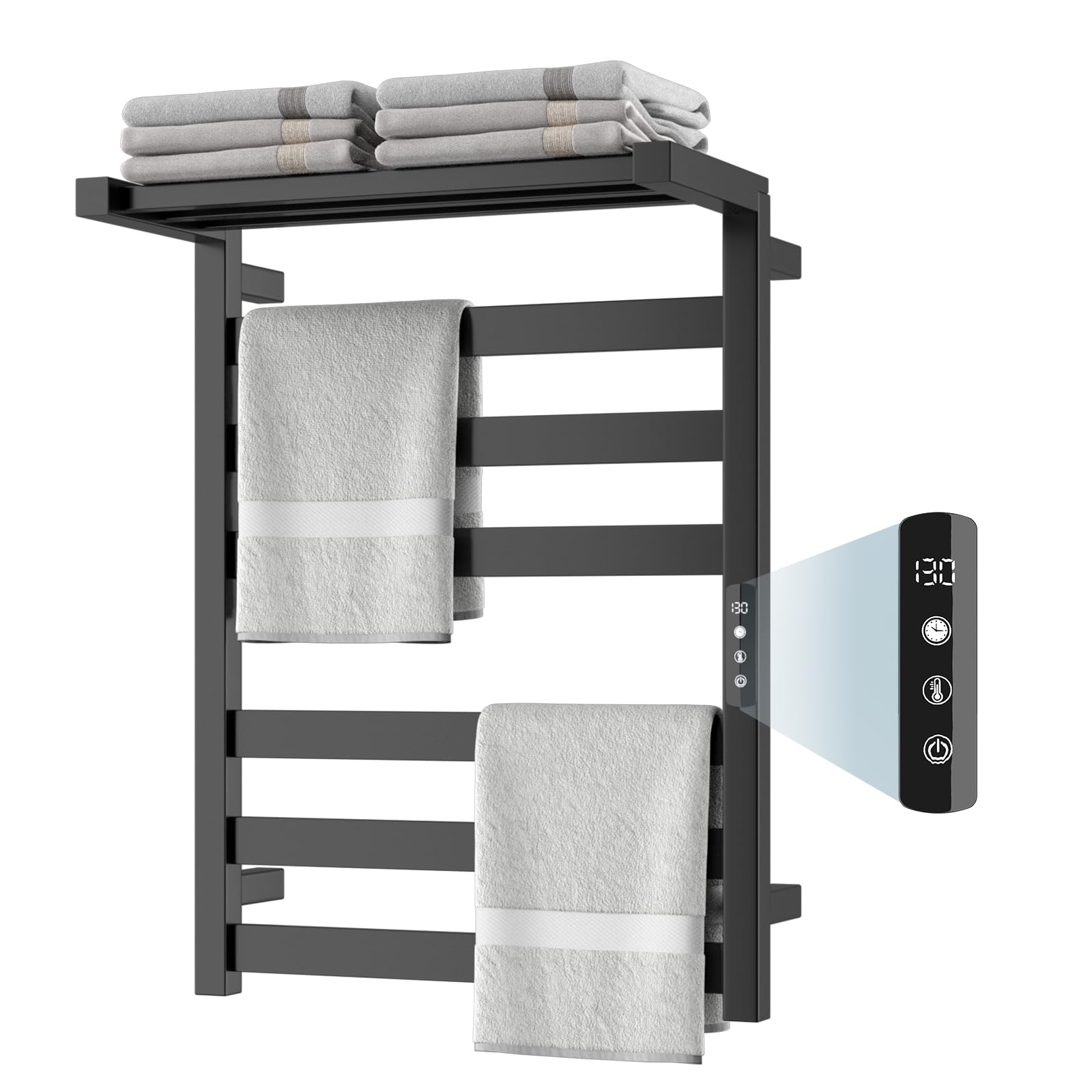 Stainless Steel Electric Heated Towel Warmer Rack - 6 Bar Wall Mounted Bathroom Heater with Built-in Timer | Hardwired & Plug-in Options | Glossy Black Finish | Perfect for Bathrooms, Spas & Luxury Home Decor