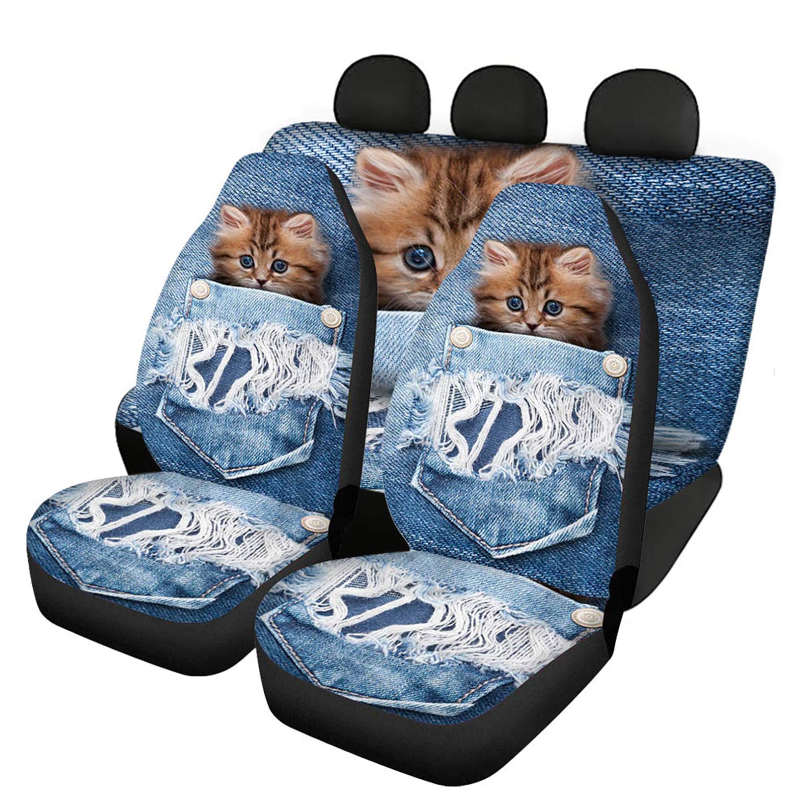JOAIFO Cute Cat Design 4-Piece Car Seat Covers Set - Durable Polyester Front & Back Seat Protectors with Jean Pocket - All-Weather Pet-Friendly Auto Interior Accessories for Cars, SUVs & Trucks - Perfect for Daily Commute, Road Trips & Pet Owners
