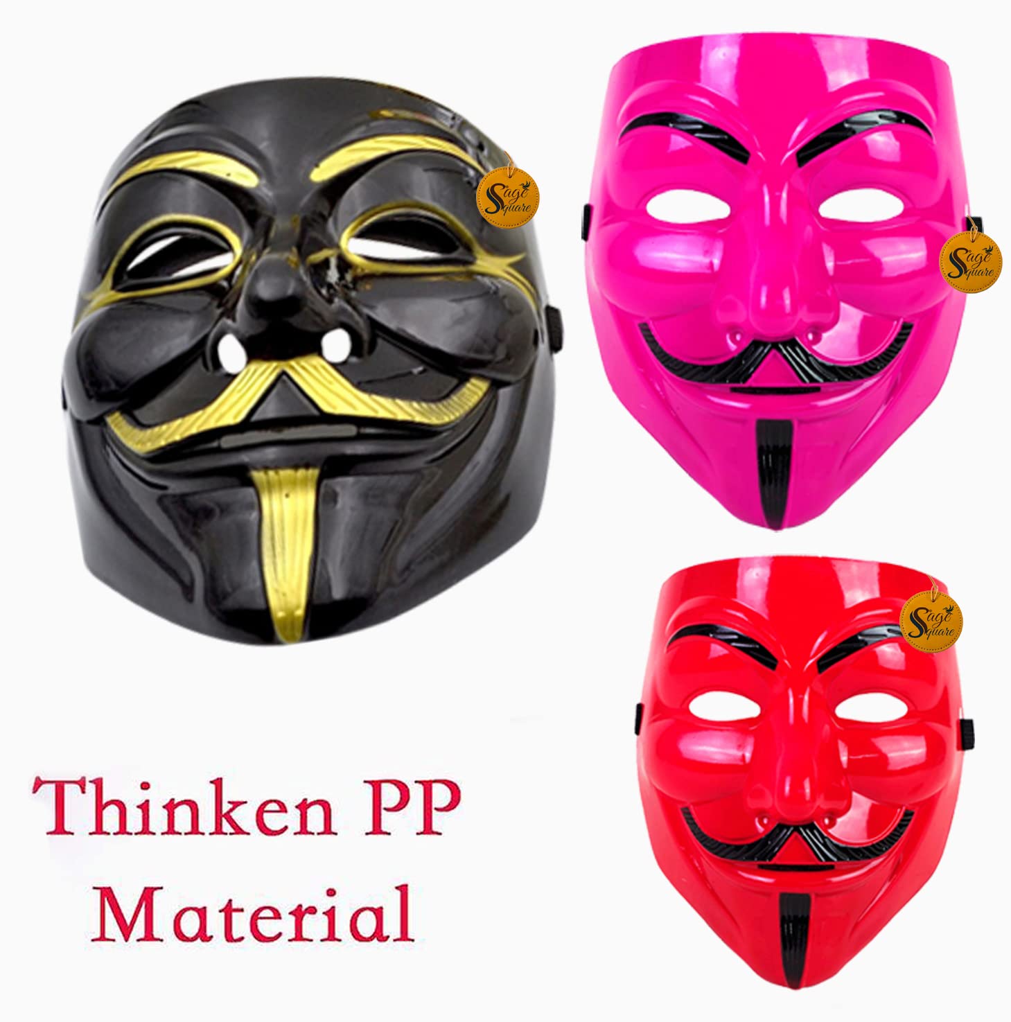V for Vendetta Anonymous VIP Edition Face Mask - Sage Square Black, Pink & Red Set of 3 | Perfect Fit Cosplay Mask for Halloween, Protests & Movie Costumes | Fawkes Guy Fawkes Mask for Adults