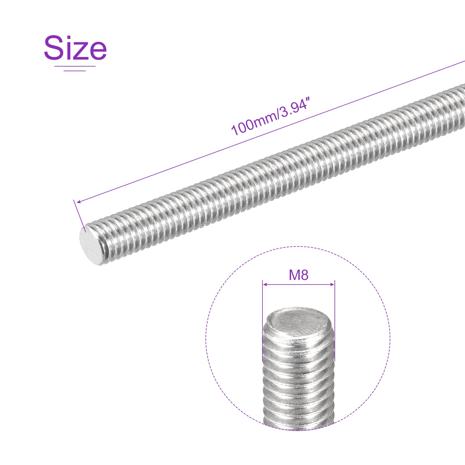 5Pack M8x100mm 304 Stainless Steel Threaded Rods for Construction & DIY