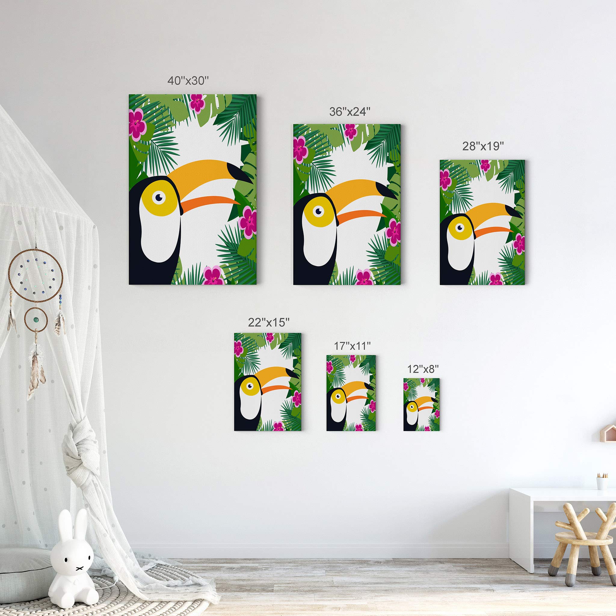 Tropical Toucan Canvas Wall Art - 28x19 Inch Ready to Hang Kids Room Decor, Nursery & Baby Room Decoration | Vibrant Palm Leaf Frame, Made in USA | Perfect for Jungle-Themed Bedrooms, Playrooms & Nursery Wall Decor