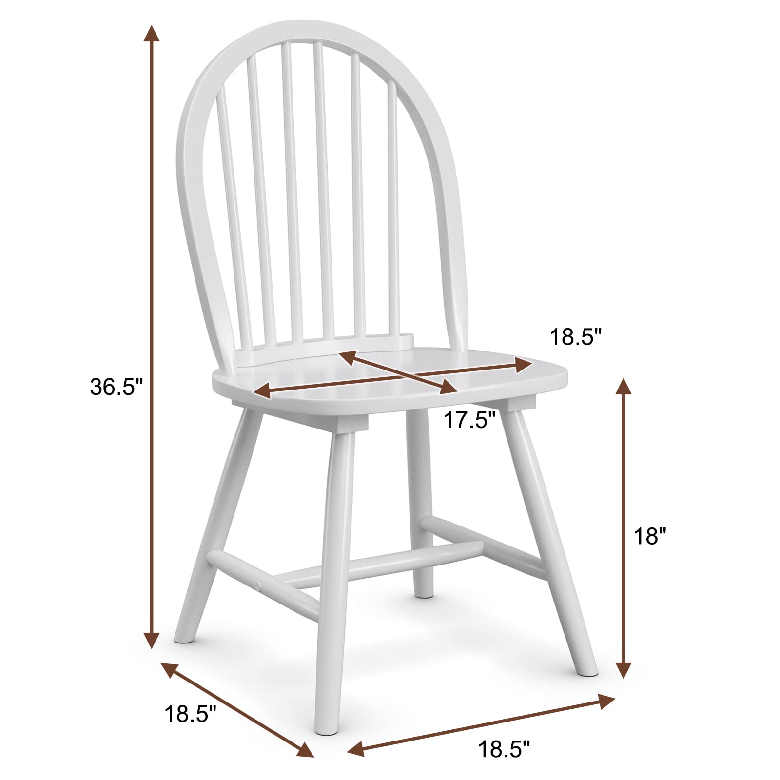 KOTEK Set of 2 Windsor Dining Chairs - Solid Wood Spindle Back Chairs with Wide Seat, Farmhouse Style Armless Side Chairs for Kitchen, Dining Room & Living Room - Perfect for Family Dinners & Home Decor (White)
