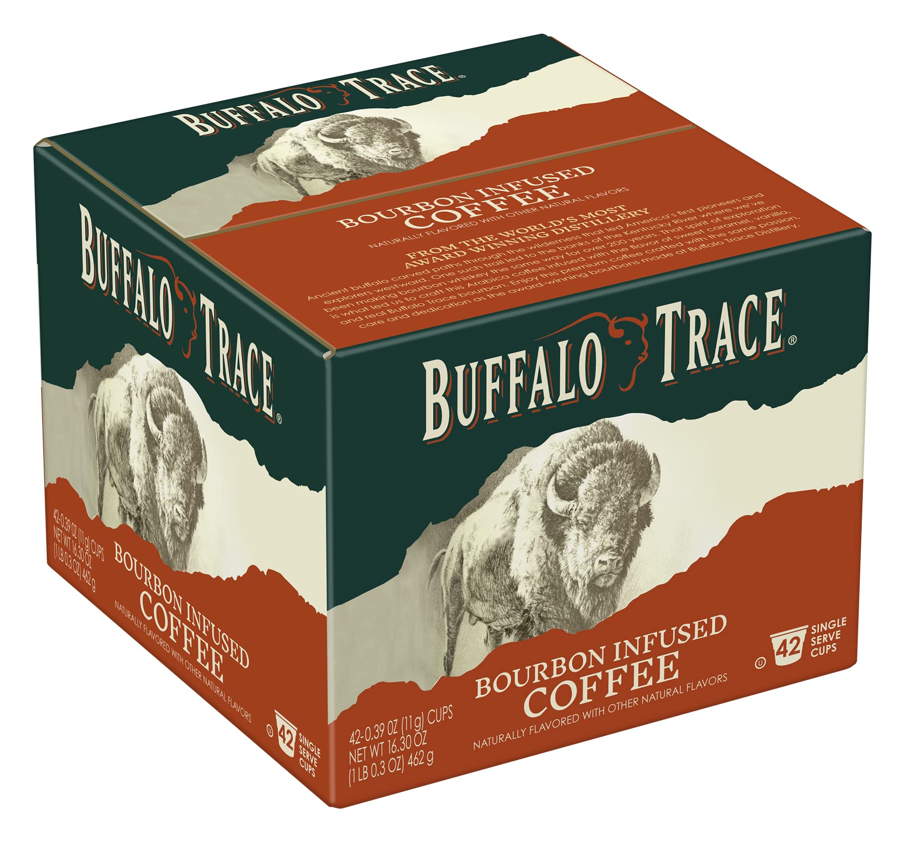Buffalo Trace Bourbon Infused Coffee Pods - 42 Single Serve Cups | Natural Bourbon Flavored Coffee | Perfect for Office, Home Brewing & Gift Giving
