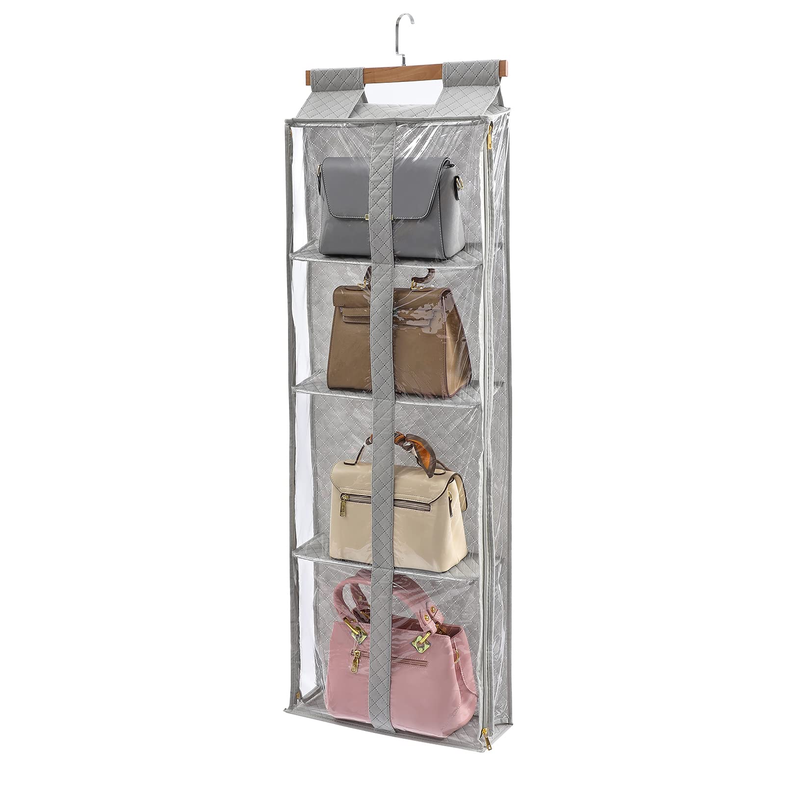 Hanging Purse Organizer with Zippers - 4 Grids Fully Enclosed Handbag Storage for Closet & Over the Door - Perfect for Purse, Bag & Accessory Organization in Bedroom, Walk-in Closet or Dorm Room