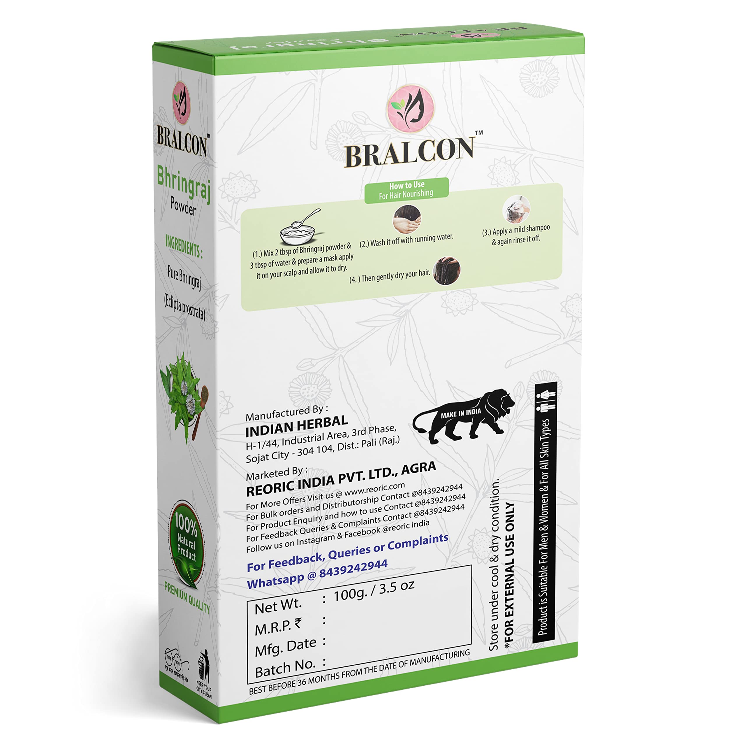 BRALCON Organic Bhringraj Powder 100g | 100% Pure Natural Eclipta Prostrata Powder for Hair Growth & Skin Care | Ayurvedic Hair Treatment | Promotes Healthy Scalp & Stronger Hair | Perfect for DIY Hair Masks & Natural Beauty Routines