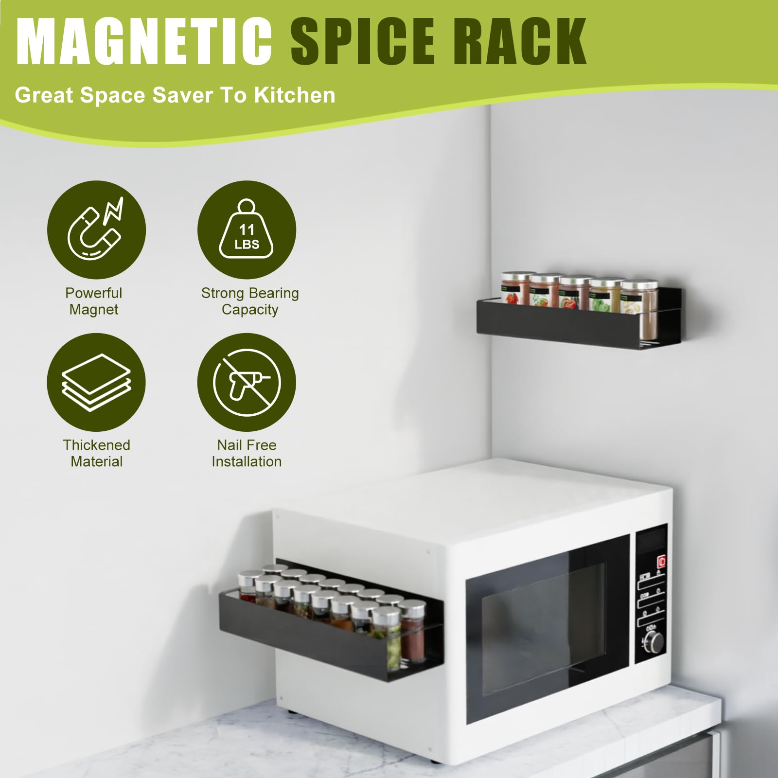 Strong Magnetic Spice Rack for Refrigerator - 2 Pack Adjustable Spice Organizer with Powerful Magnets for Fridge & Microwave, Space-Saving Kitchen Storage Solution (Black) - Perfect for Small Kitchens, Apartments & RVs