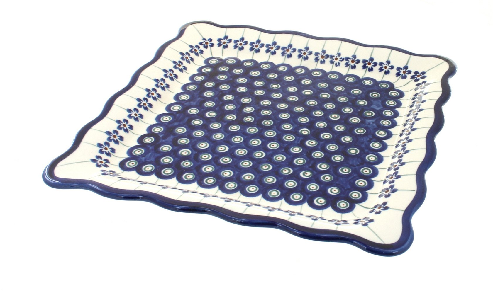 Blue Rose Polish Pottery Peacock Square Lunch Plate - Handcrafted Ceramic Dinnerware for Home Decor, Wedding & Special Occasions